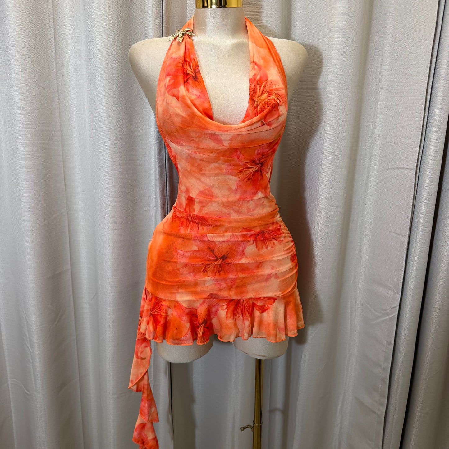 Halter Cowl Neck Flower Dress-Orange