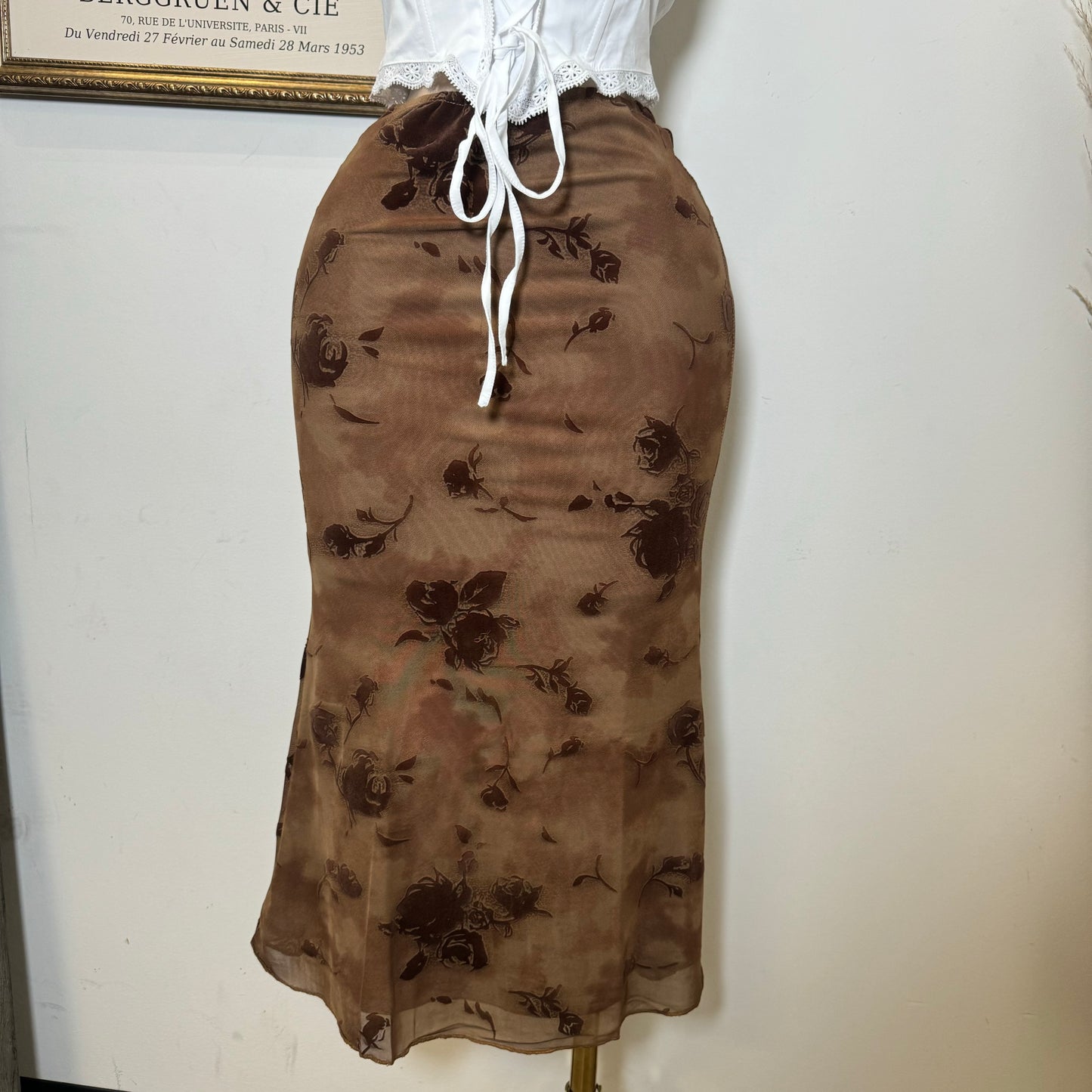 Midi Flower Print Mesh Skirt -Brown