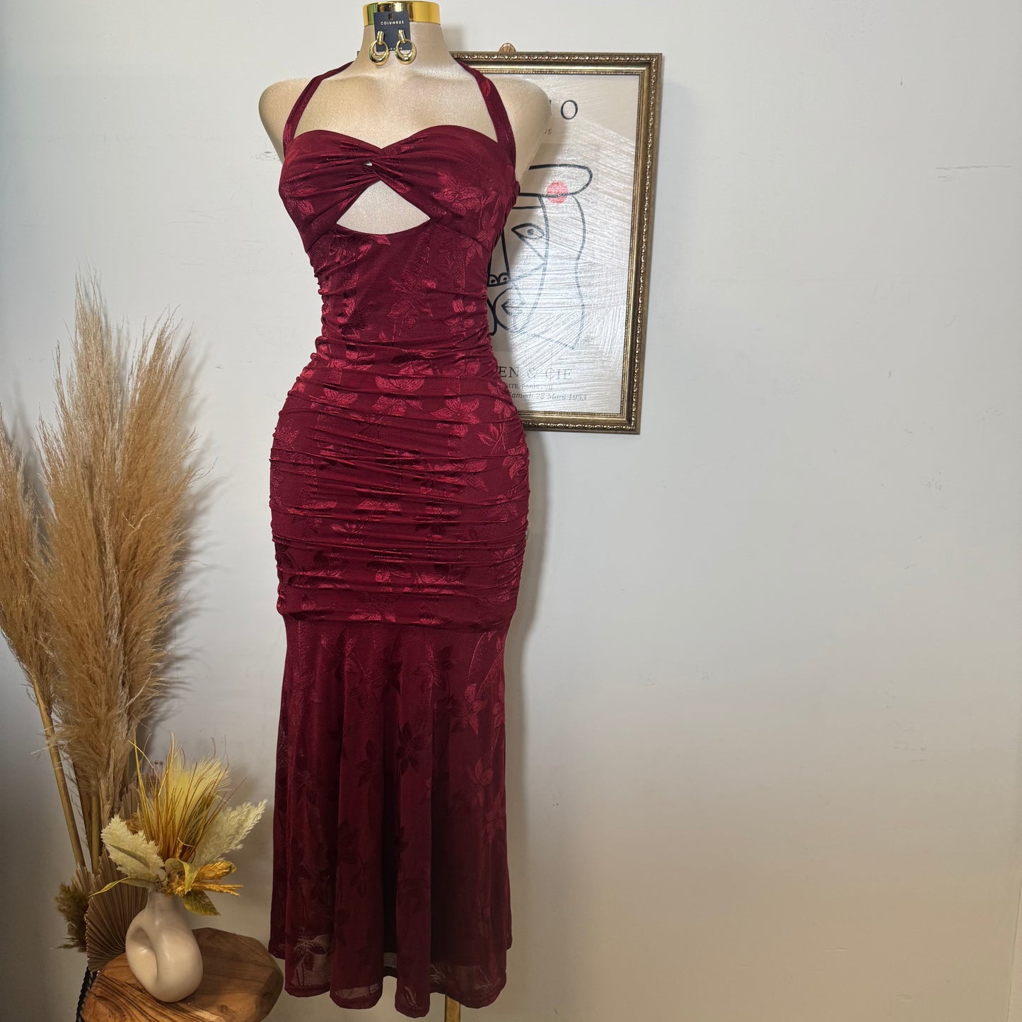 Trim accent Midi Dress-Wine