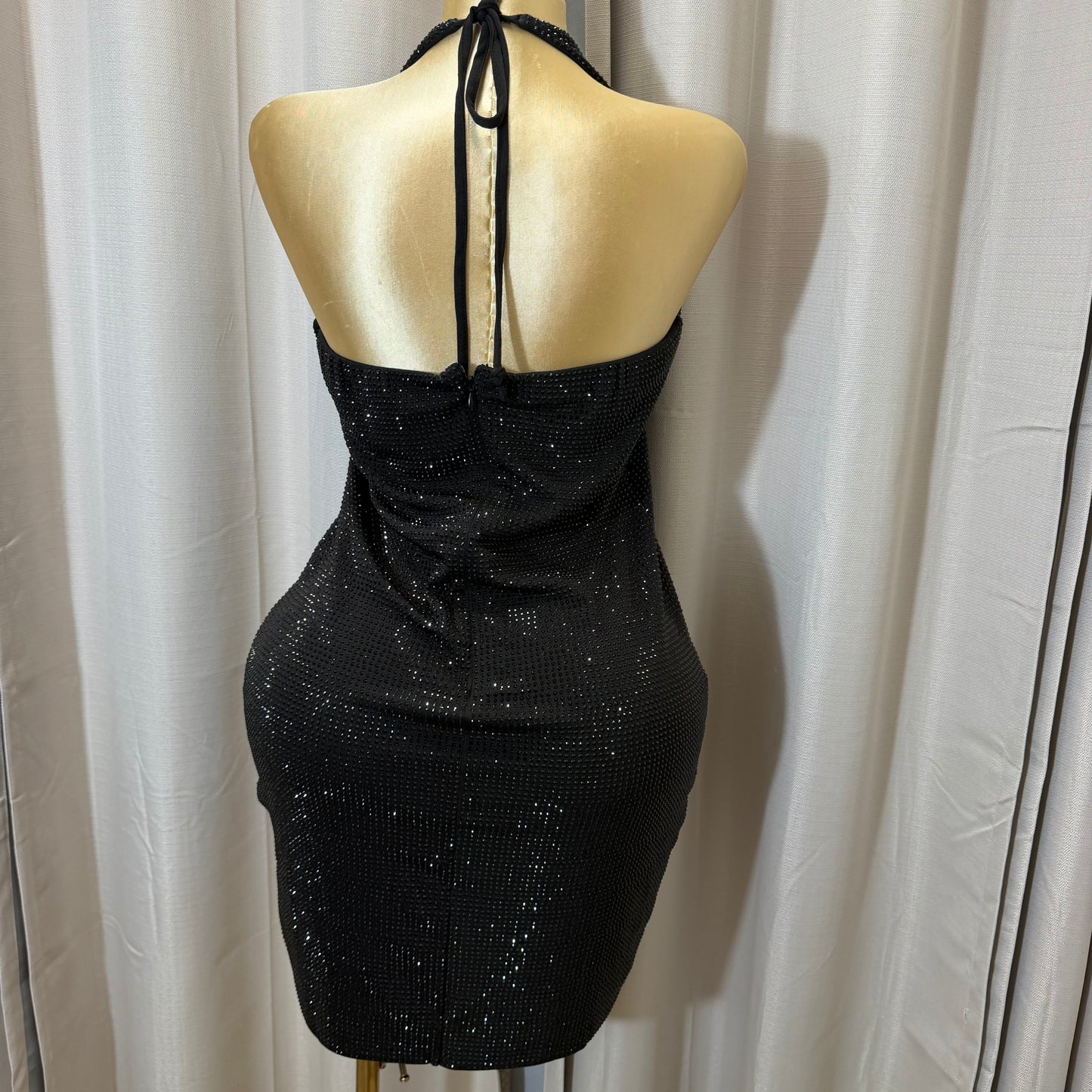 PL Halter Rhinestone Halter Mini Dress- Black