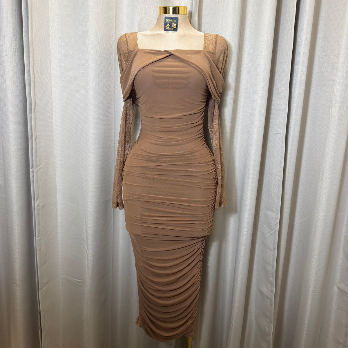 Mesh Long Sleeve Midi Dress-Mocha/Brown