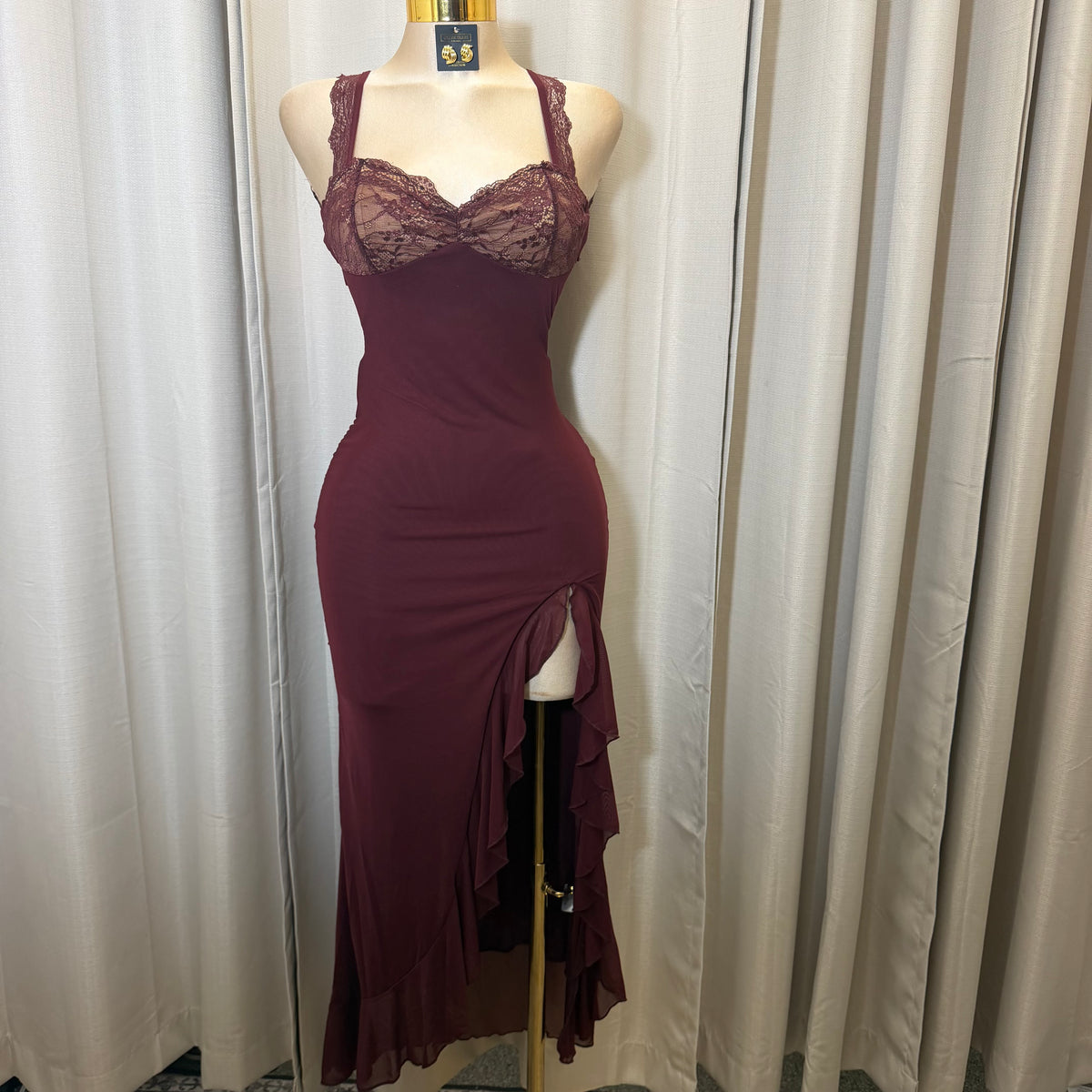 Solid Mesh Maxi Ruffle Dress-Burgundy/Plum