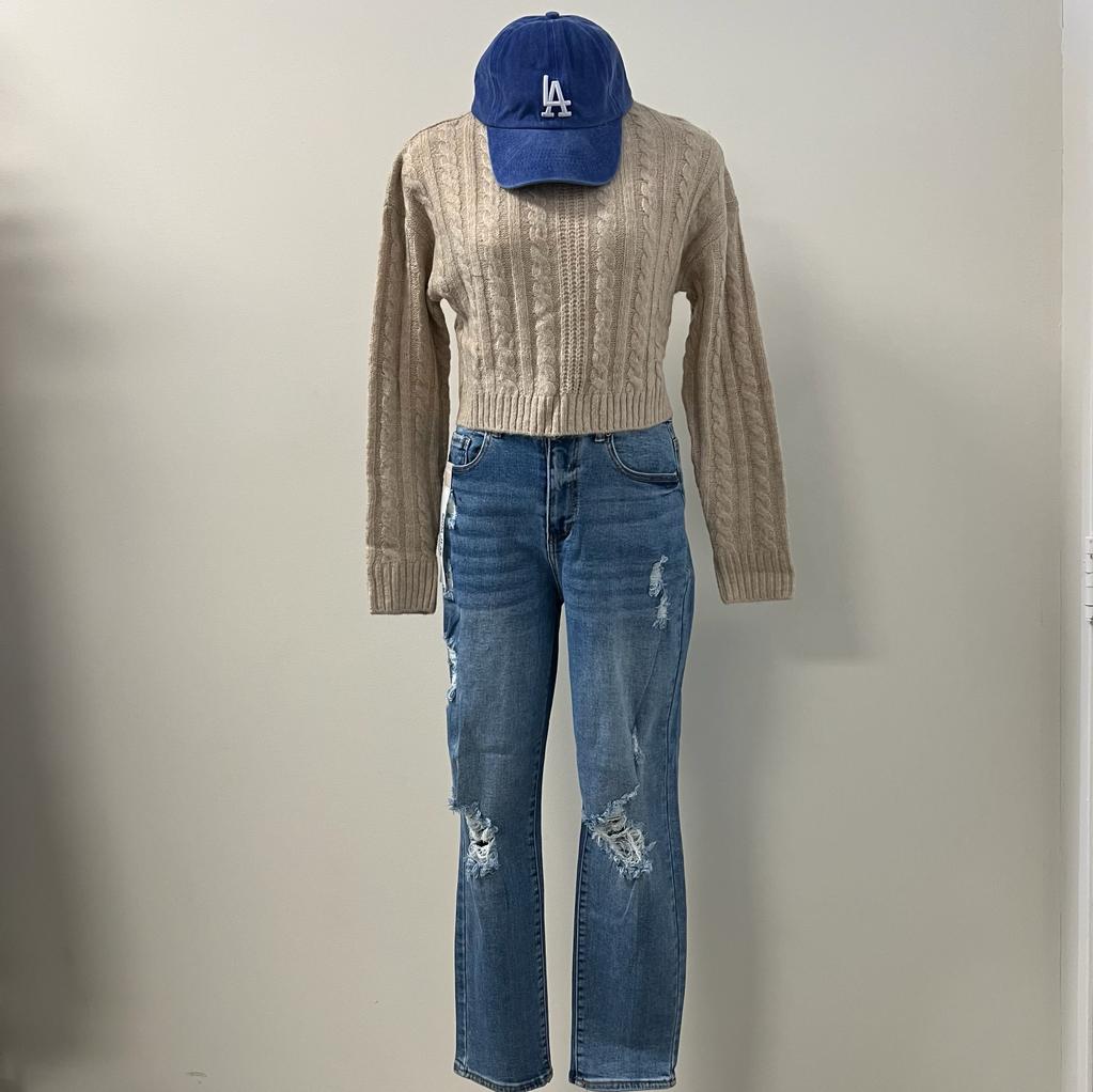 Lea High Neck Cable Knit Cropped Sweater Top- Oatmeal