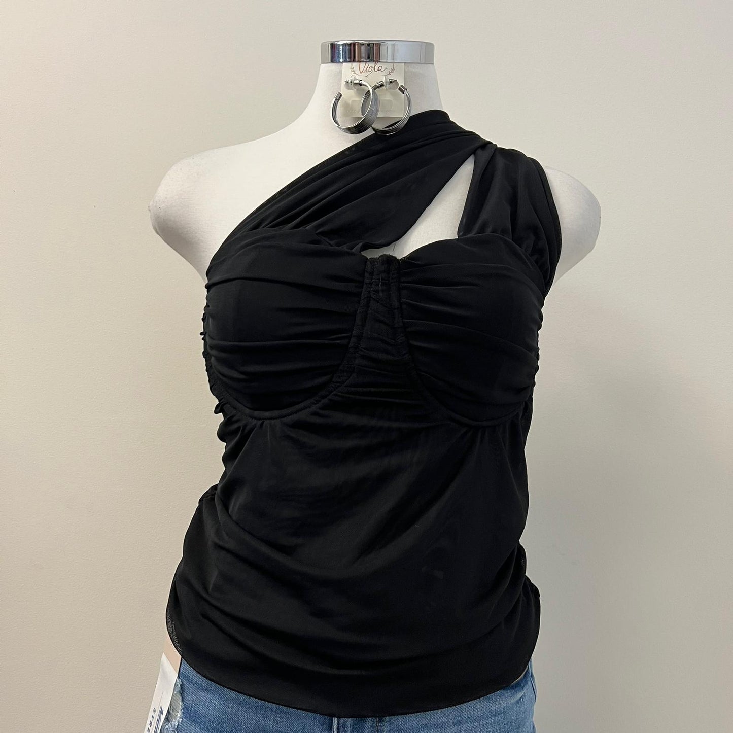 Nany One shoulder Mesh Top -Black