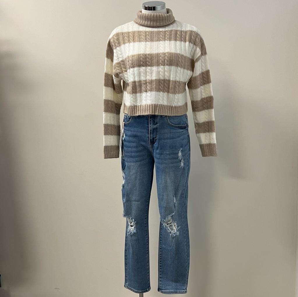 Lia Turtle Neck Striped Knit Cropped Sweater -Oatmeal