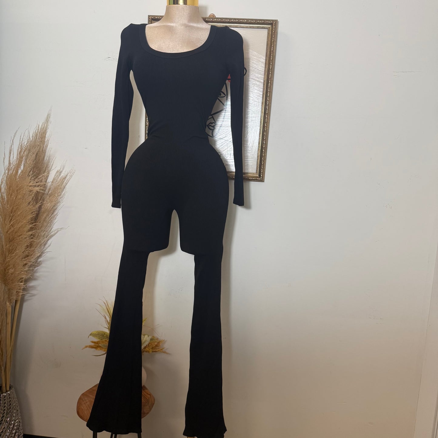 Long Sleeve Snatched Flare Jumpsuit-Black