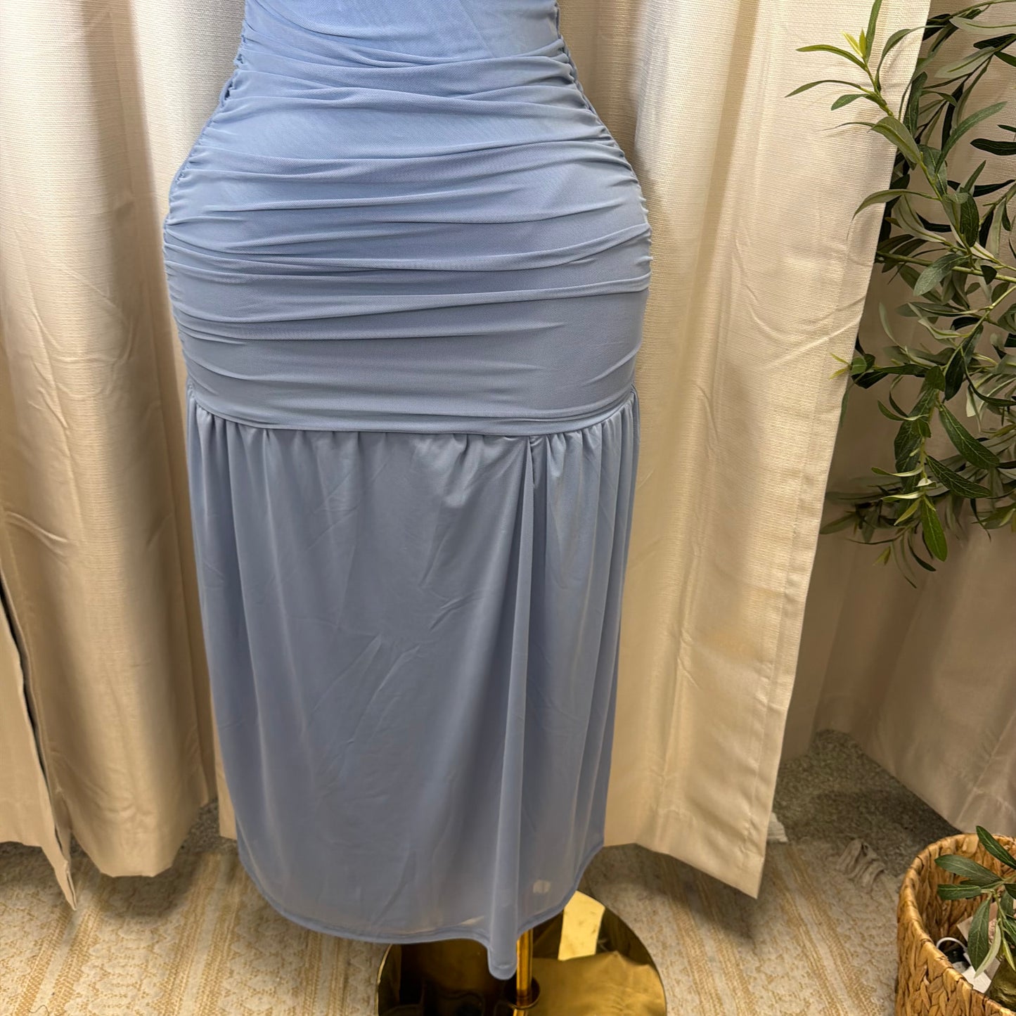 V Neck Mesh Maxi Dress-baby blue