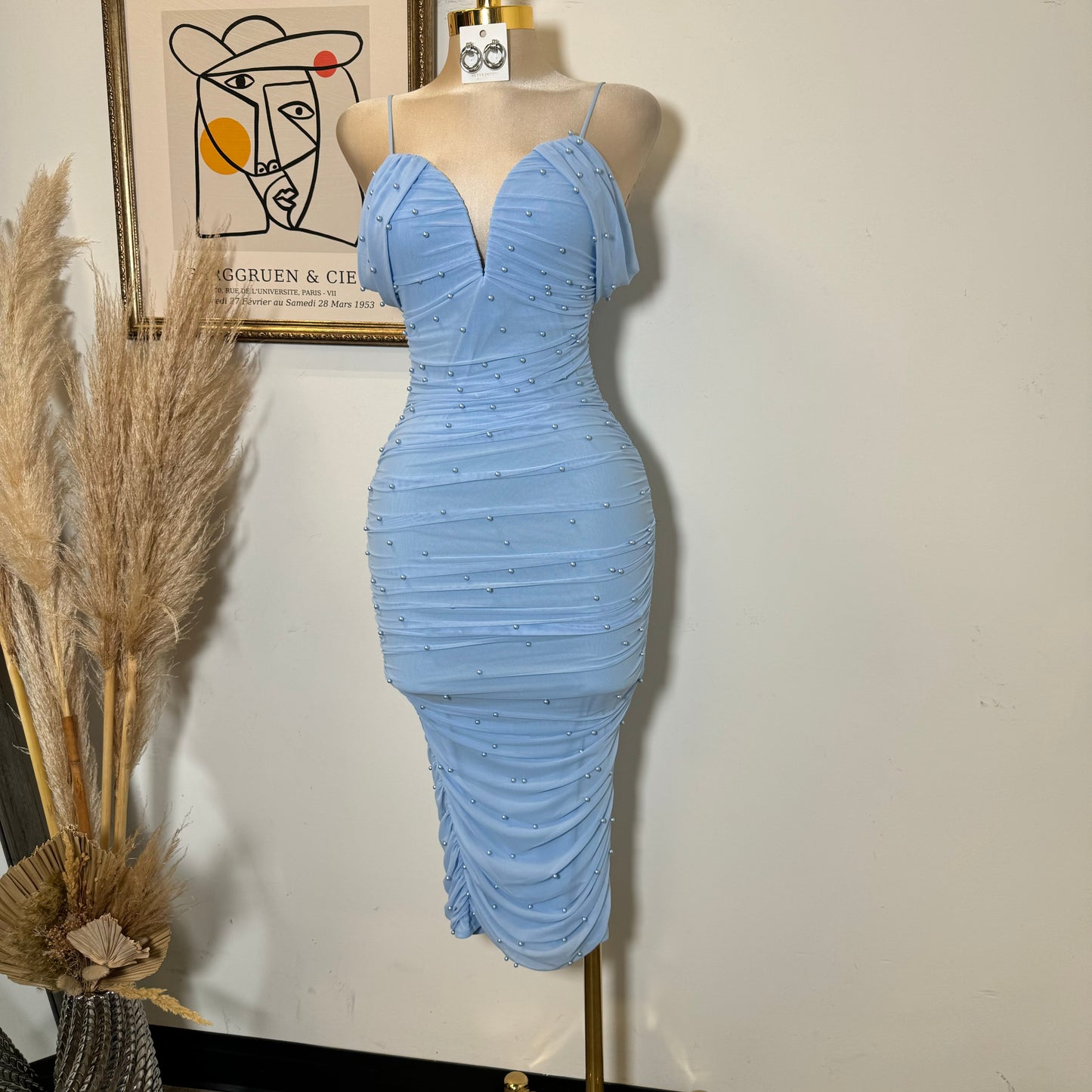 Aria Pearl Midi Dress- Baby Blue