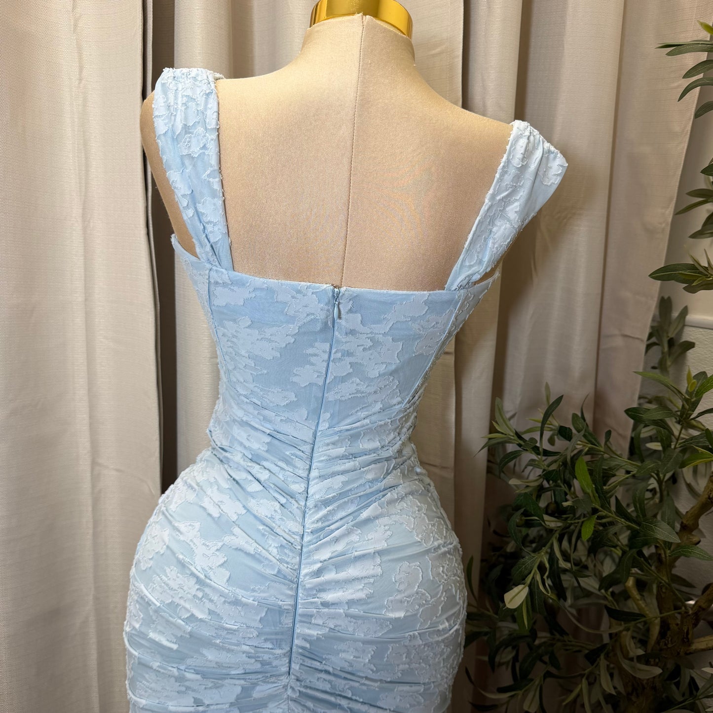 Off Shoulder Ruched Maxi Dress-Baby Blue