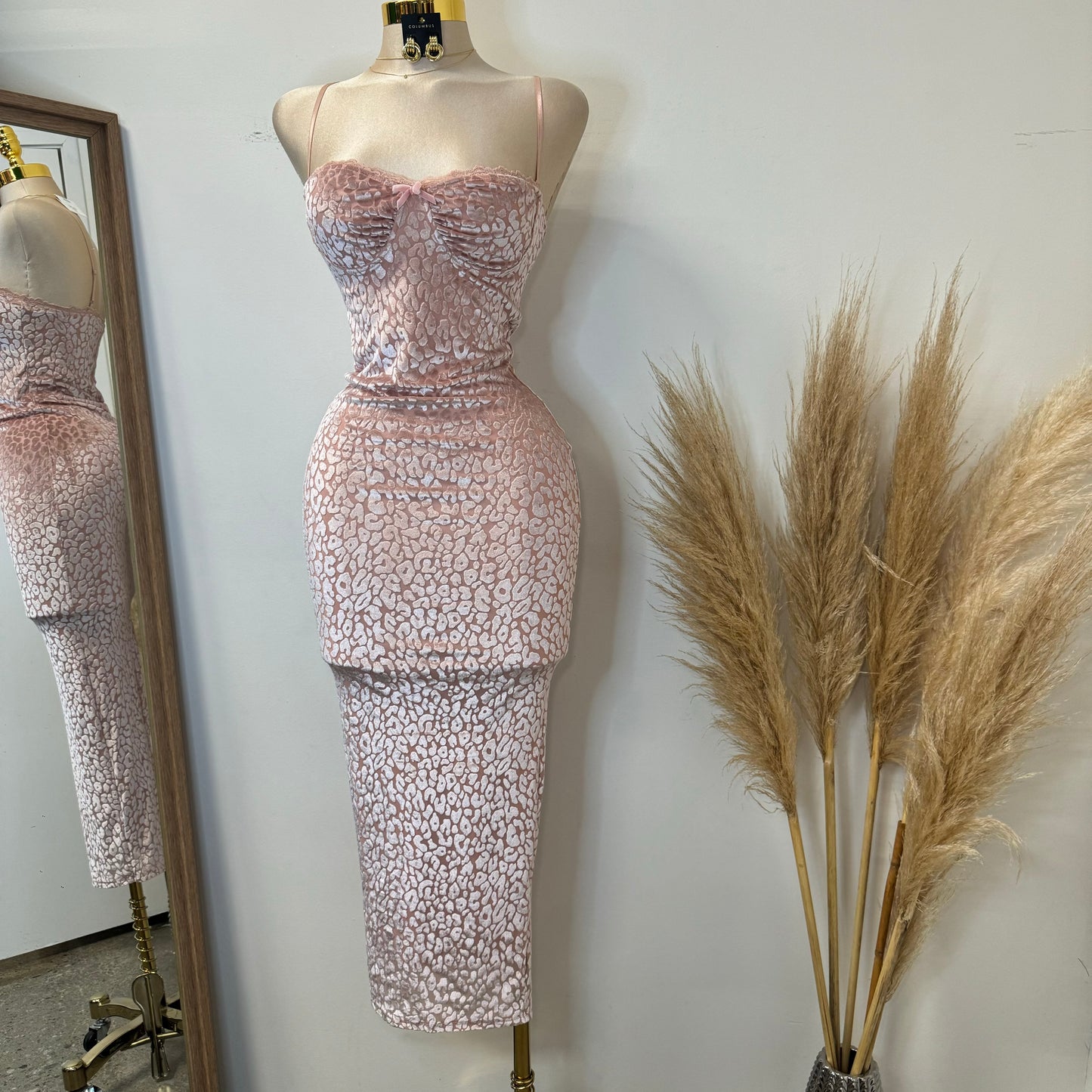 Velvet Animal Print Dress-Pink