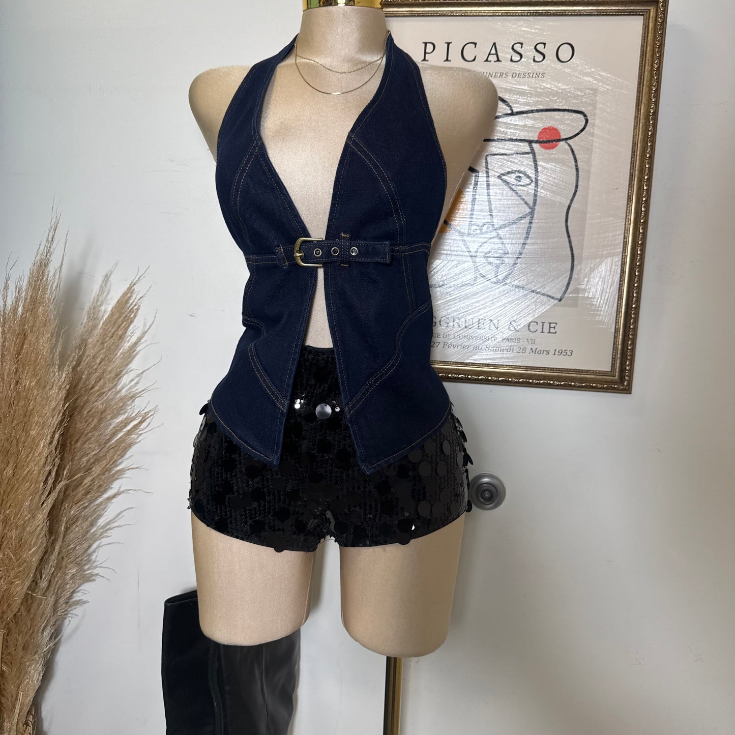 Halter Bust Belt Detail Denim Top-Denim