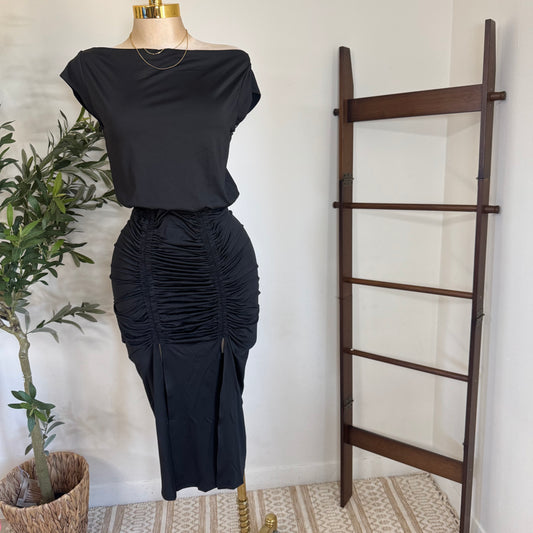 Ruched Elegance Draped Midi Dress-Black