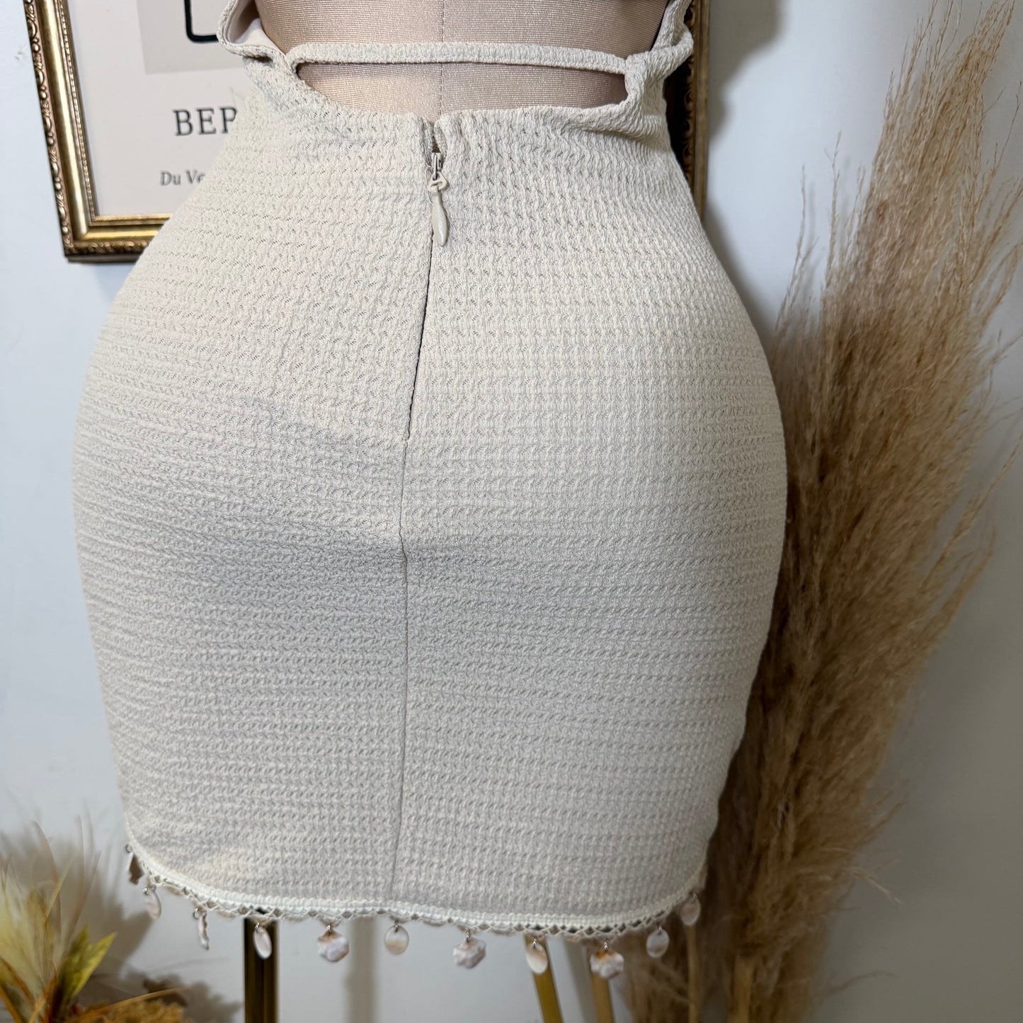 Shell Trim Detail Halter Neck Mini Dress-Natural