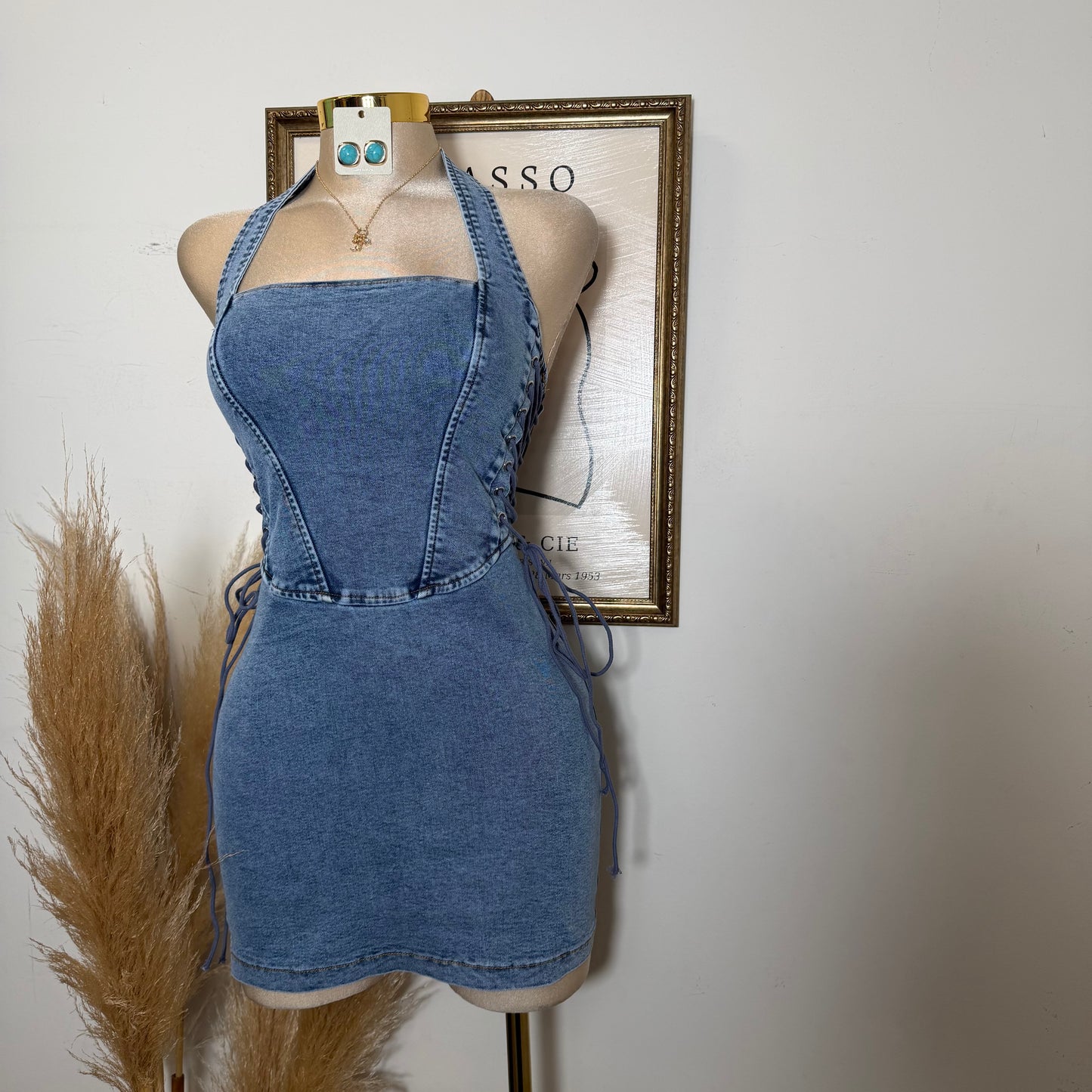 HALTER NECK SIDE LACE-UP DENIM MINI DRESS