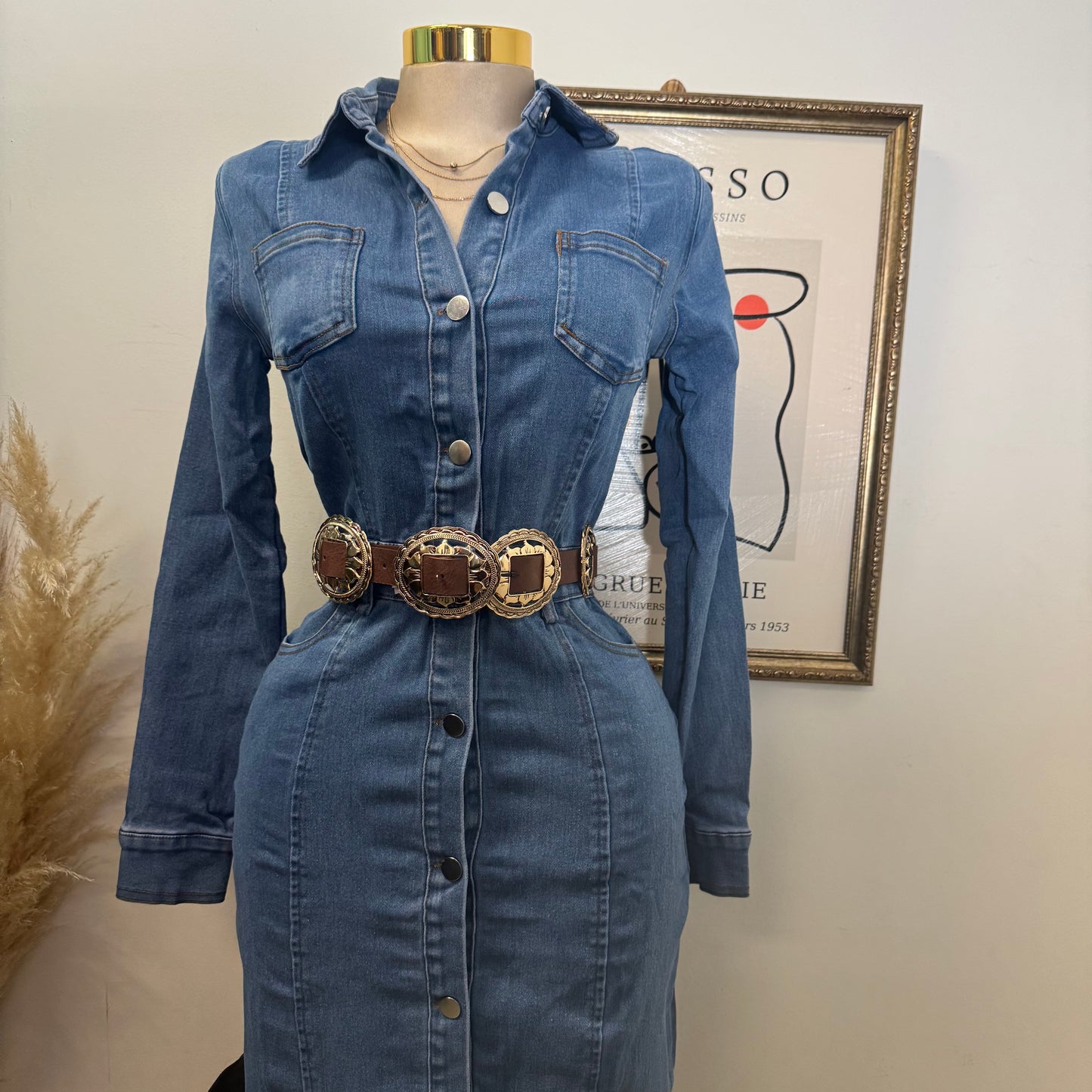 Denim Button Long Dress-Medium Wash