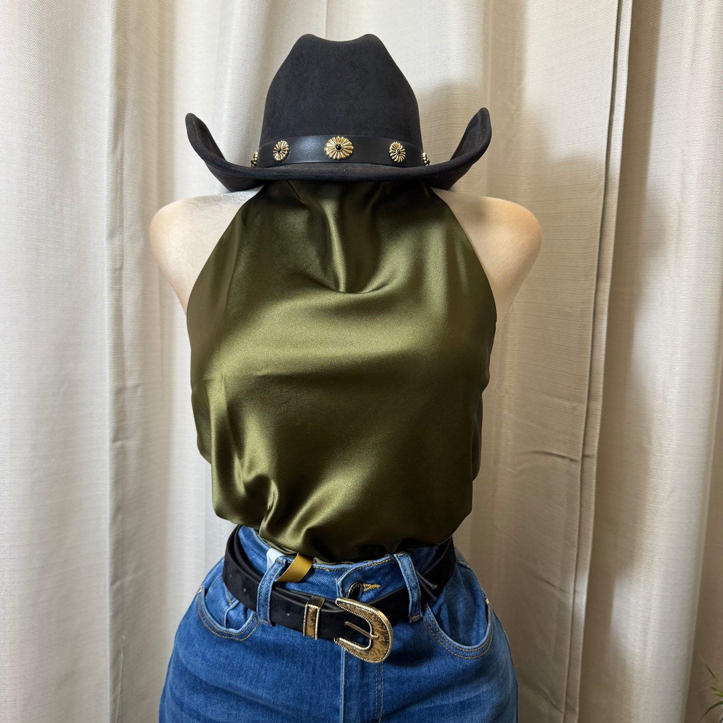 Satin Halter Top-Olive Green