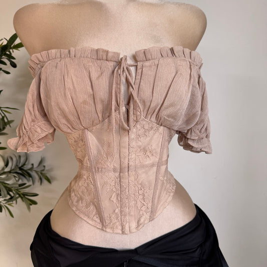 Shiny Ciffon With Lace Off Shoulder Top-Taupe