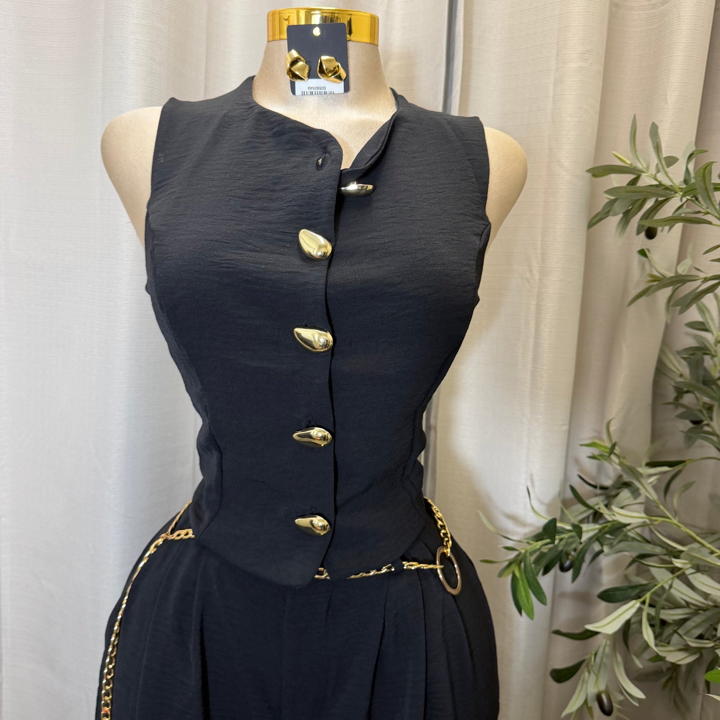 Front button Down Crop Top and Chain Belt Wide leg pant set-black