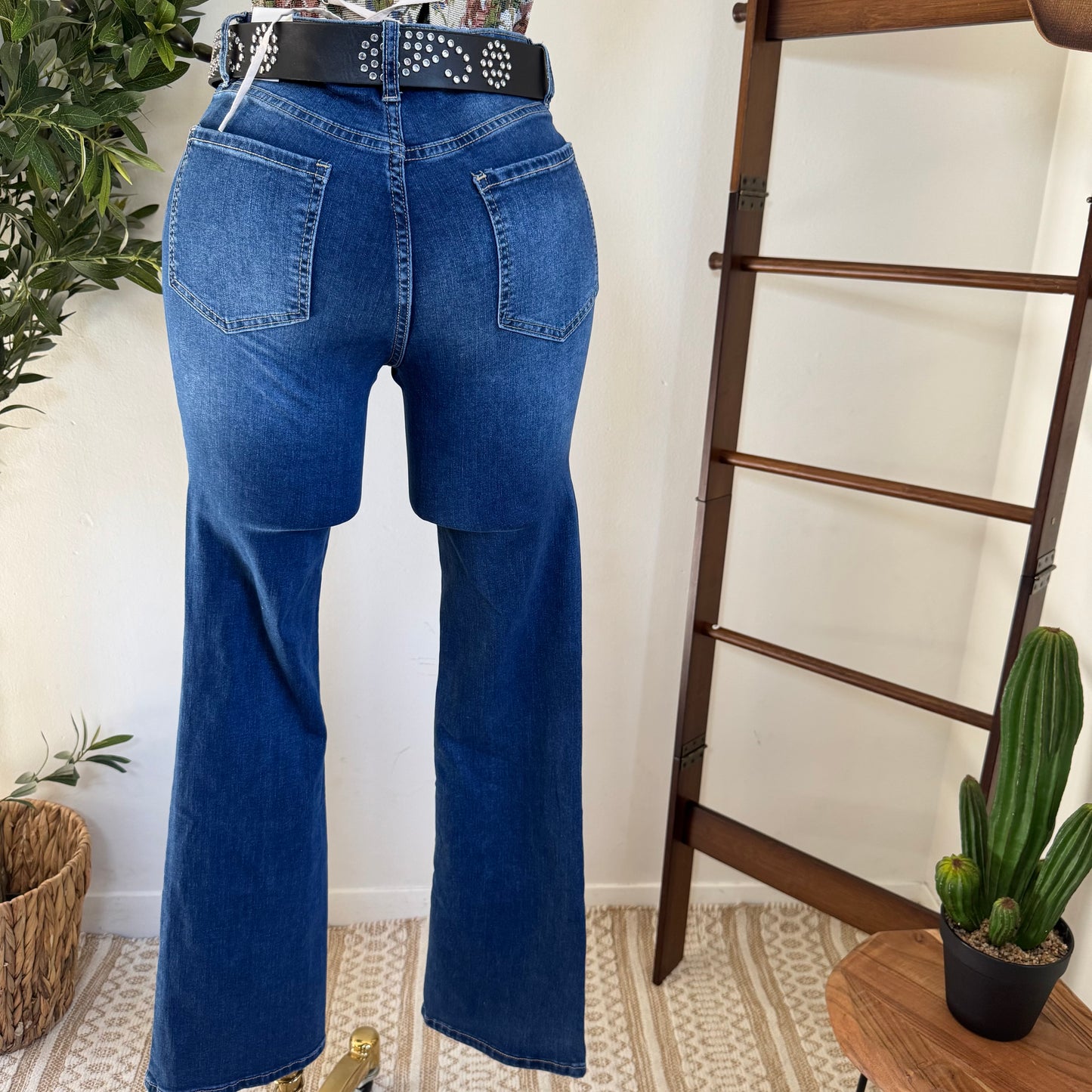Flare Jeans with  Belt-Blue