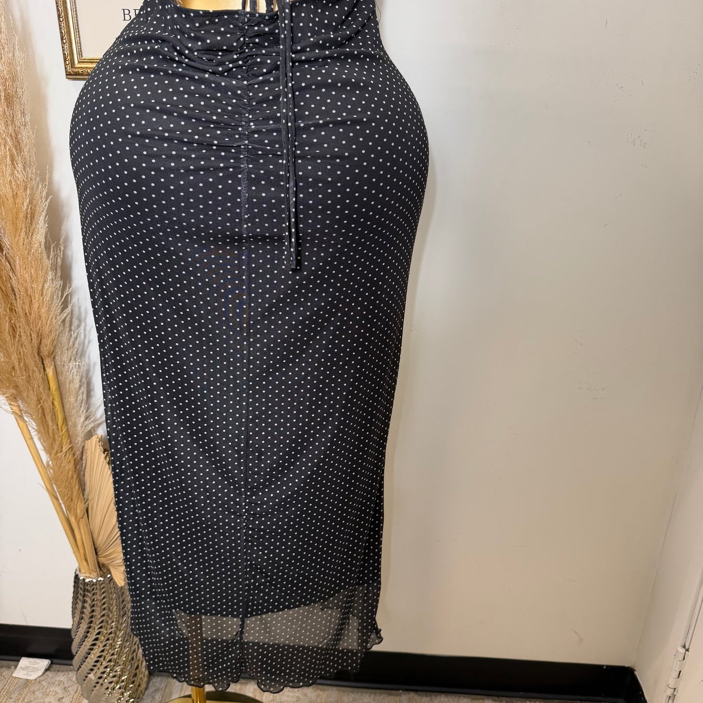 PL-Mesh Halter Maxi Dress Open Slit Dress-Black