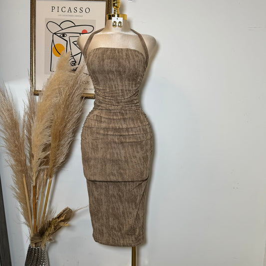 BRUSHED KNIT TUBE MOCK NECK MIDI DRESS-Mocha