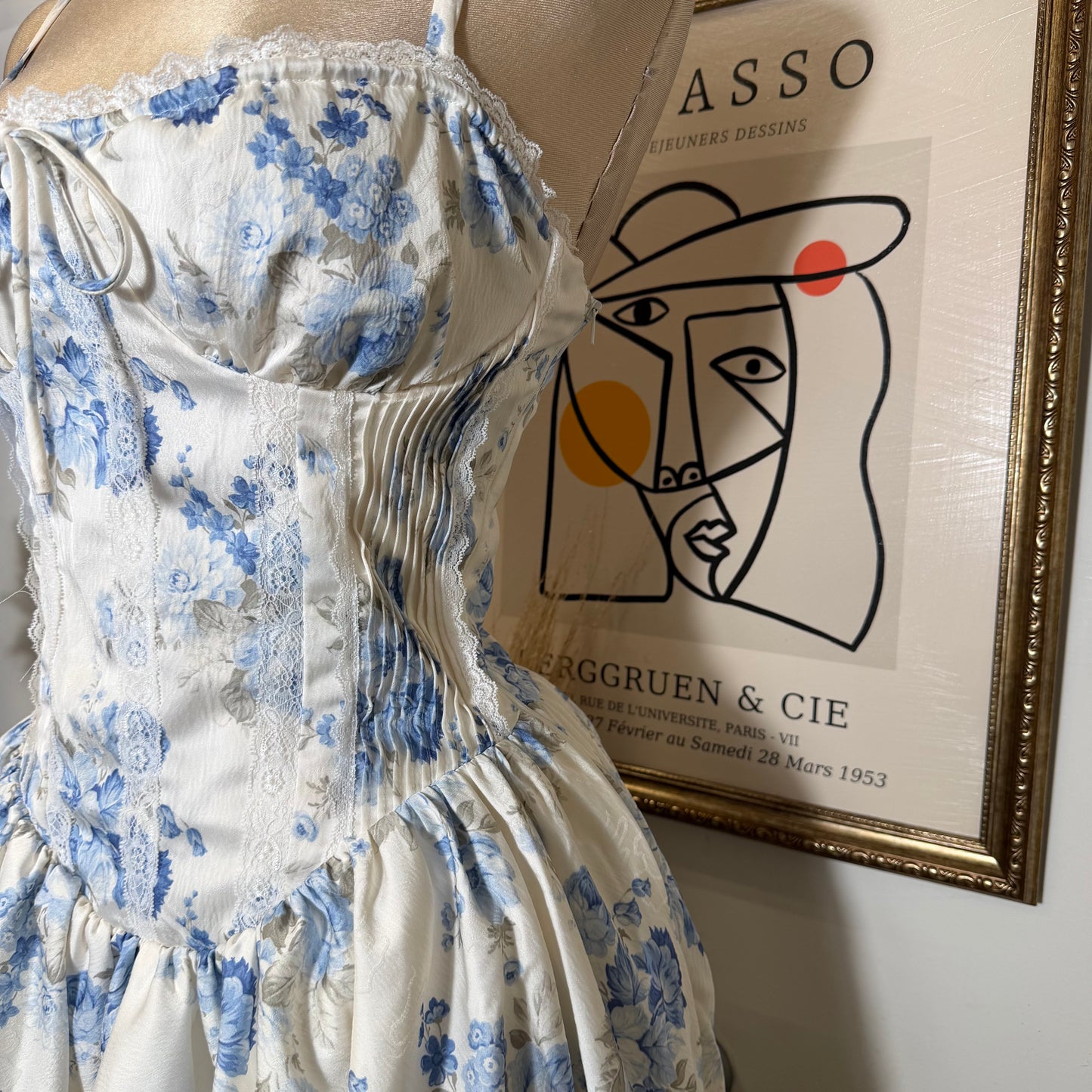 Corset Back Jacquard Mini Dress-Peach/Blue