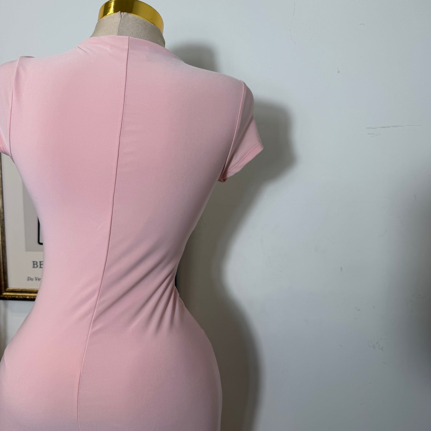 Lace Waist Contrast Midi Dress-Baby Pink