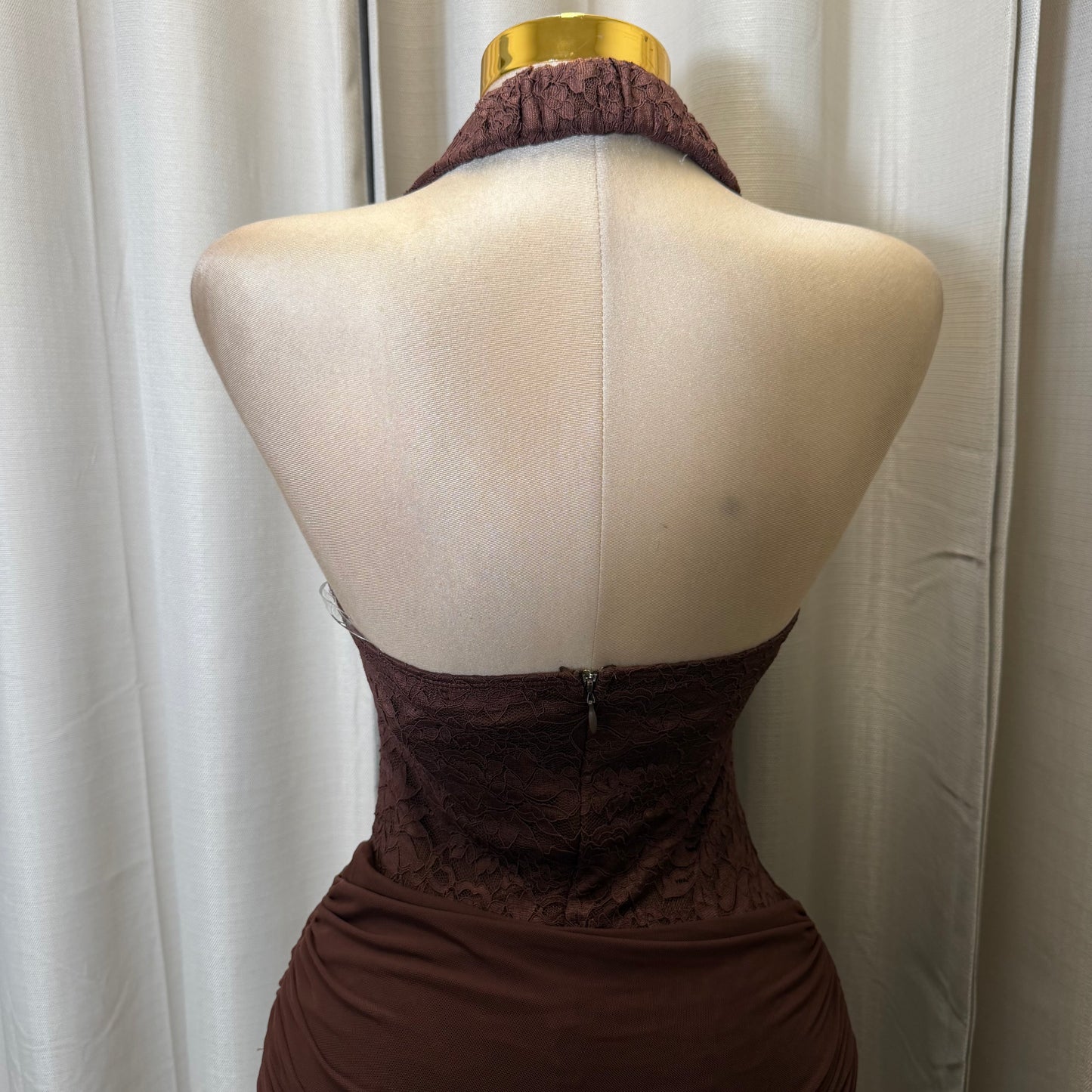 Halter Lace Gold Detail Mini Dress-Brown