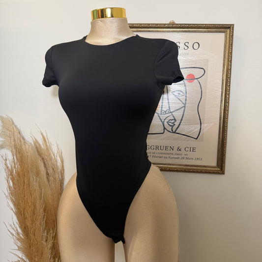 Crew Neck Short Sleeve Bodysuit-black