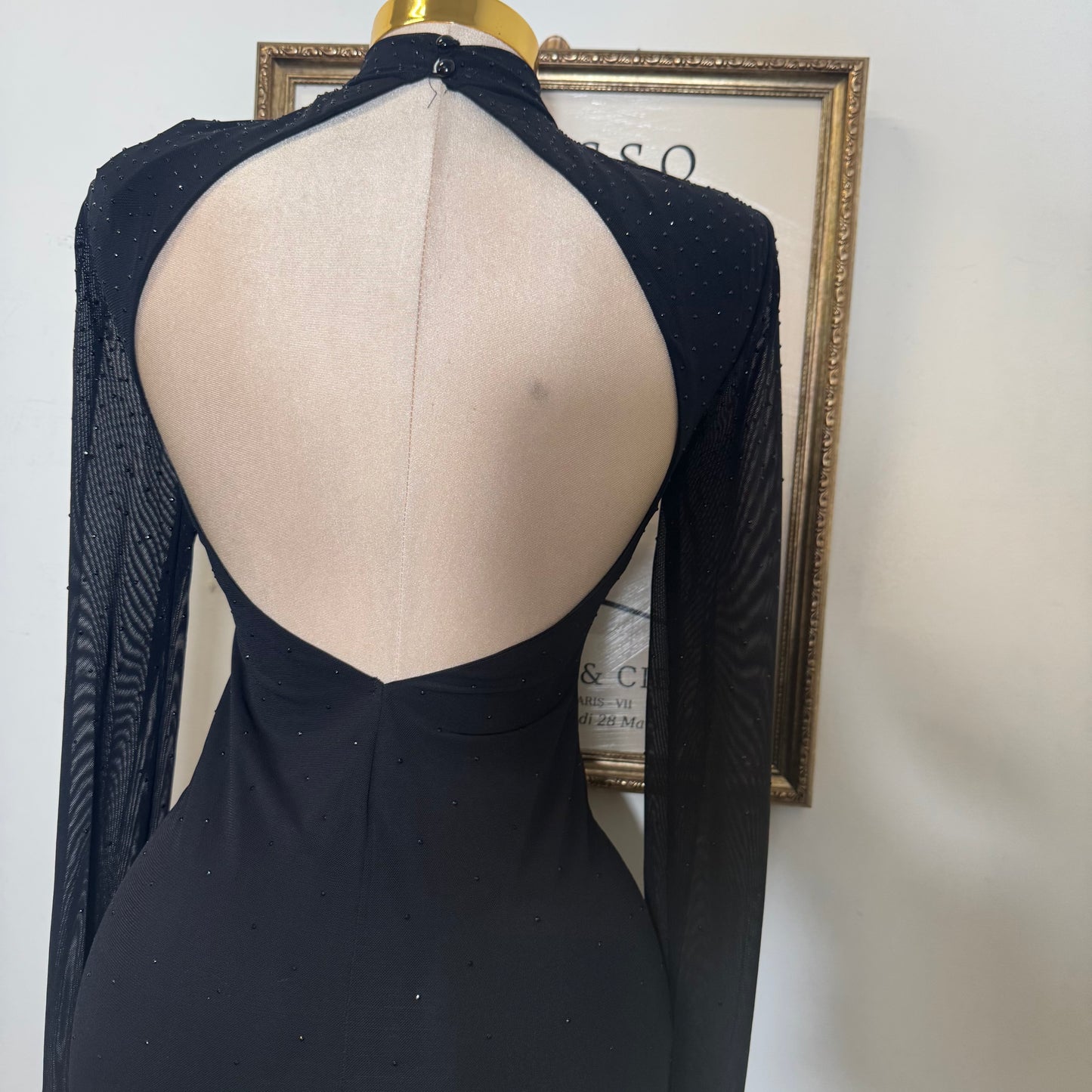 Mesh Mock Dress Rhinestone Open Back Mini Dress-Black