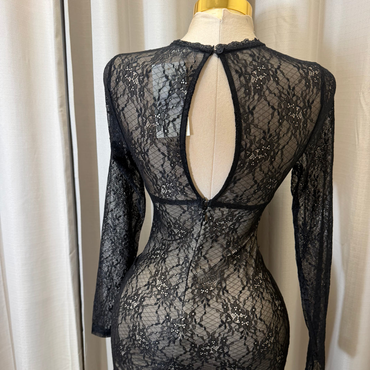 Lace  Long sleeve Sleeve Corset  Midi Dress-Black