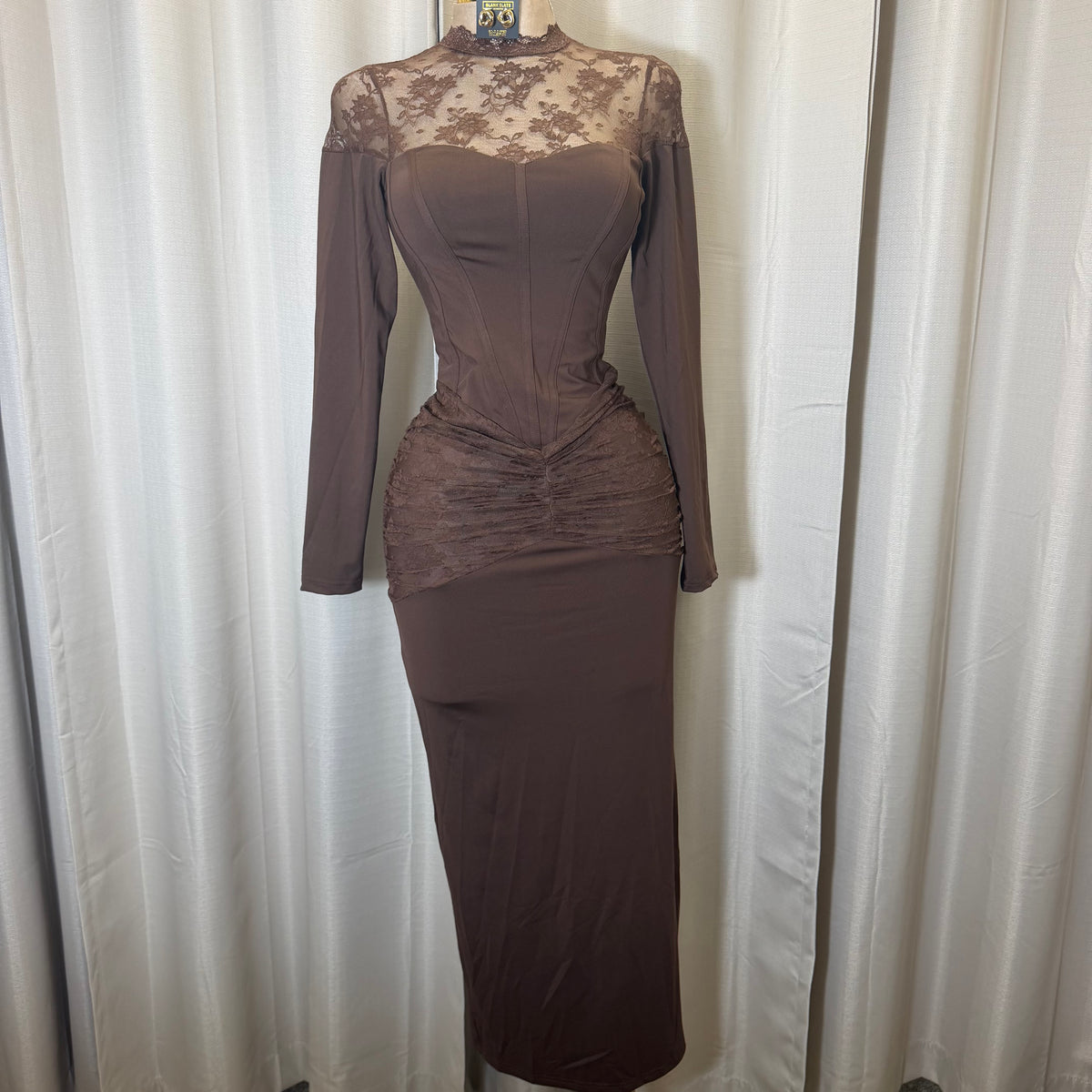 Lace Detail Long sleeve Corset Maxi Dress-Brown
