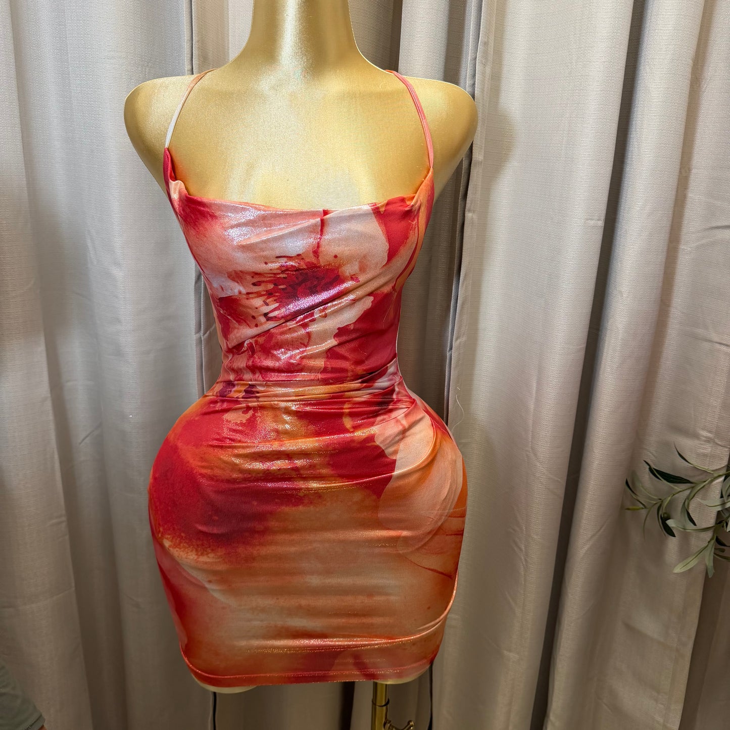 Foil Floral Cowl Neck Pleated Bodycon Mini Dress-Red Combo