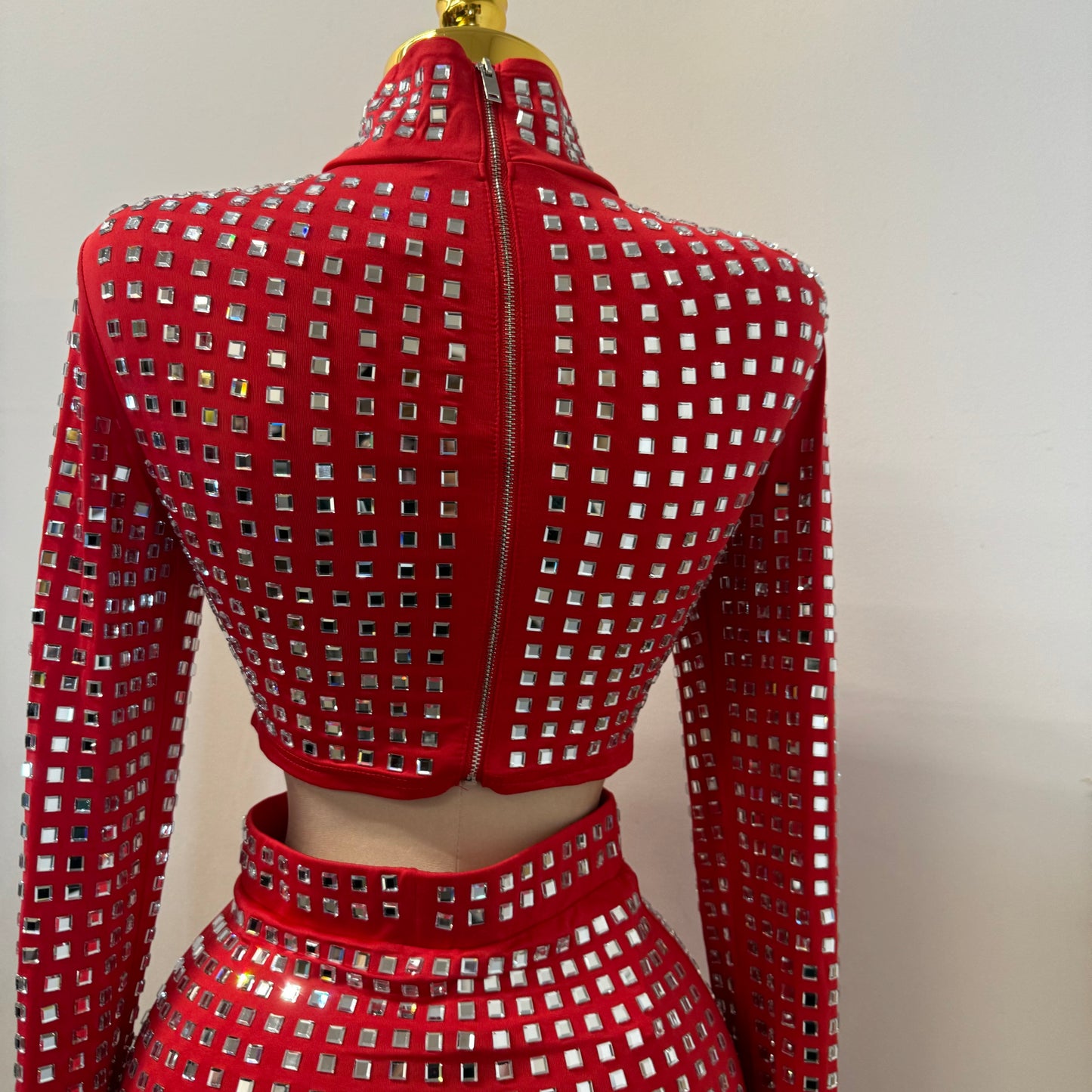 Rhinestone Long Sleeve Skirt Set-Red
