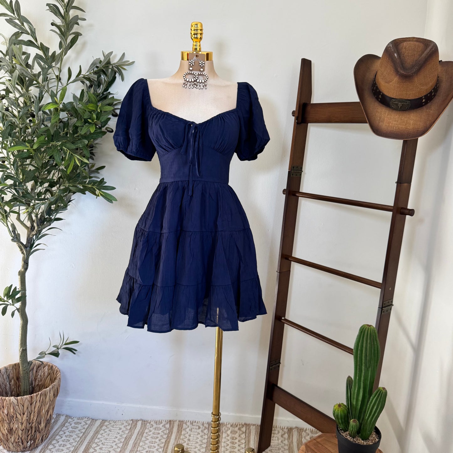 Puff Sleeve Tiered Mini Dress-Navy