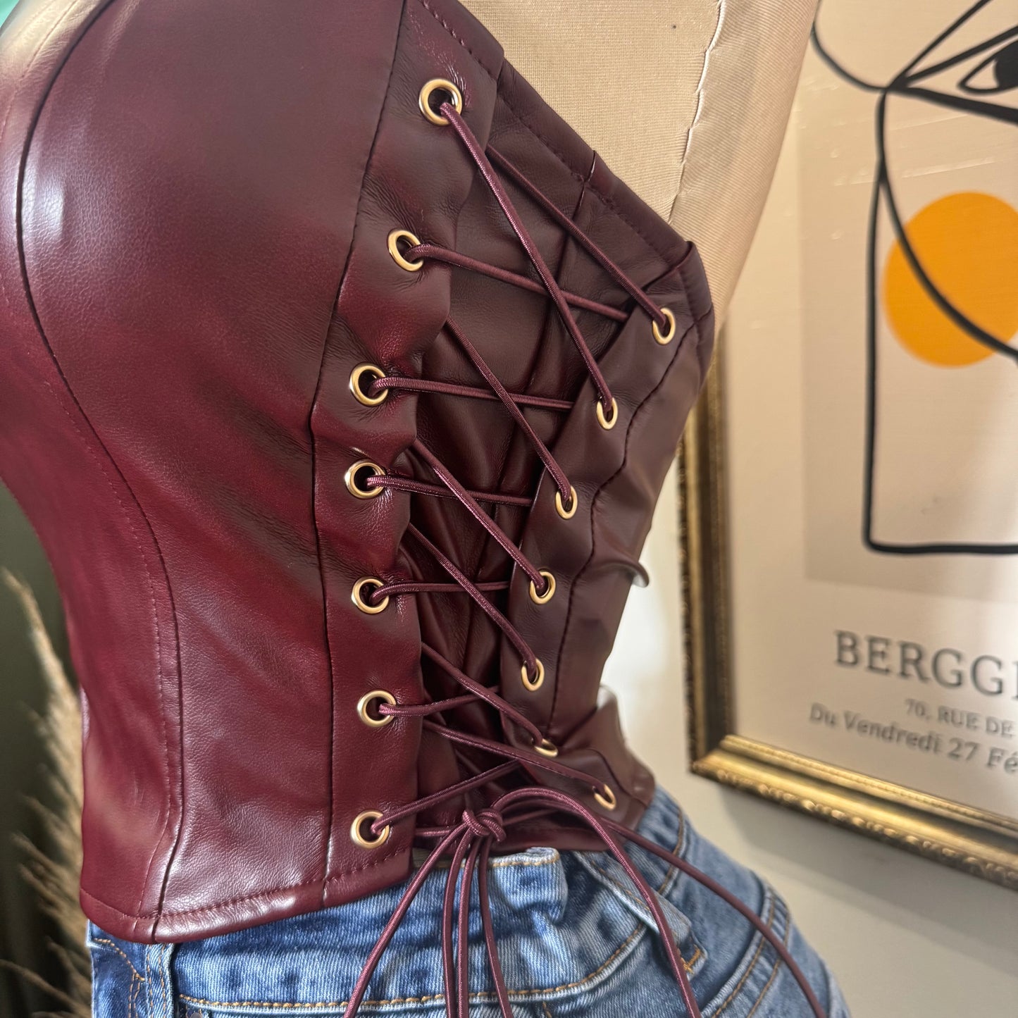 Eyelet Side Detail Halter Neck Corset Top-Wine