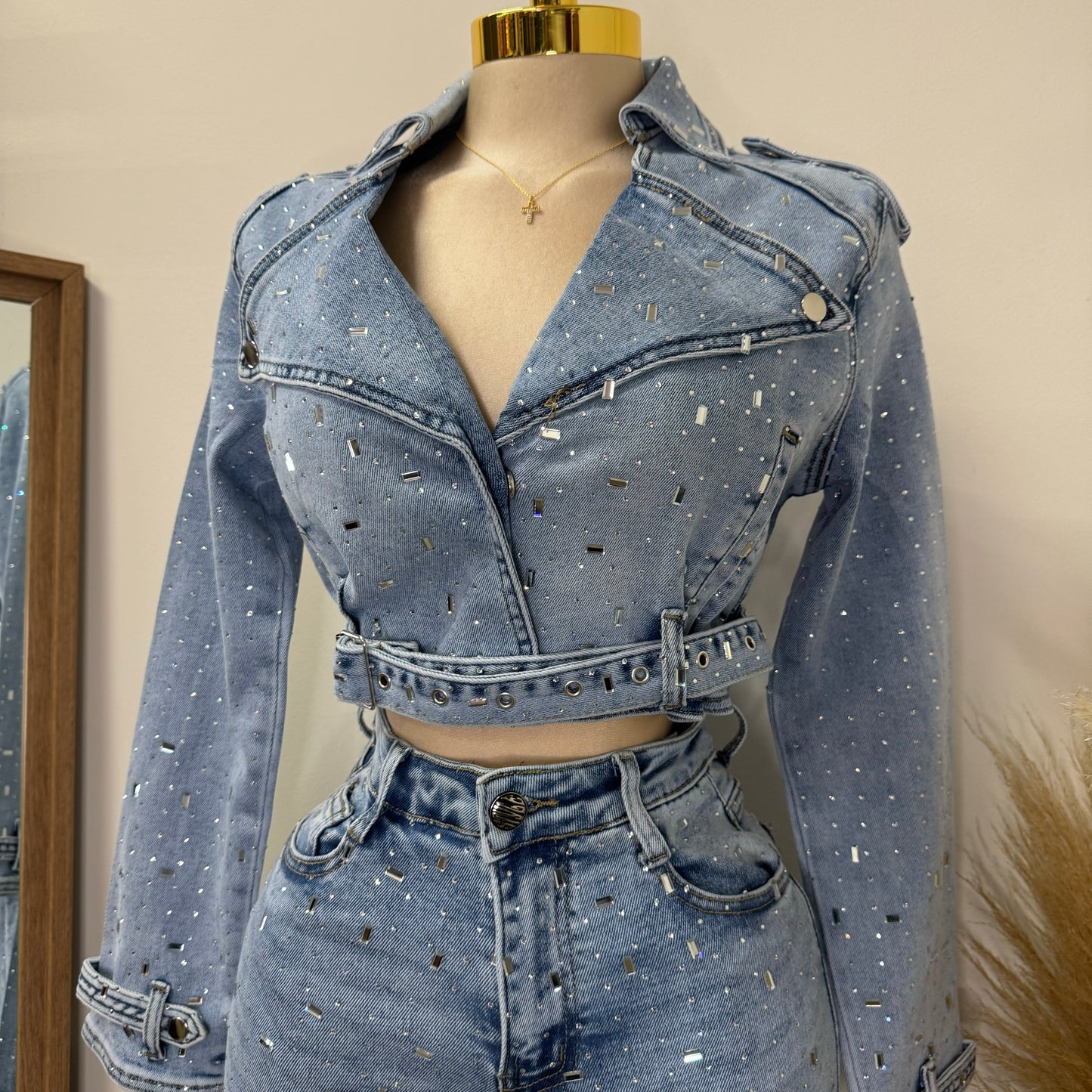 Ximena Rhinestone Denim Jacket-LT Blue