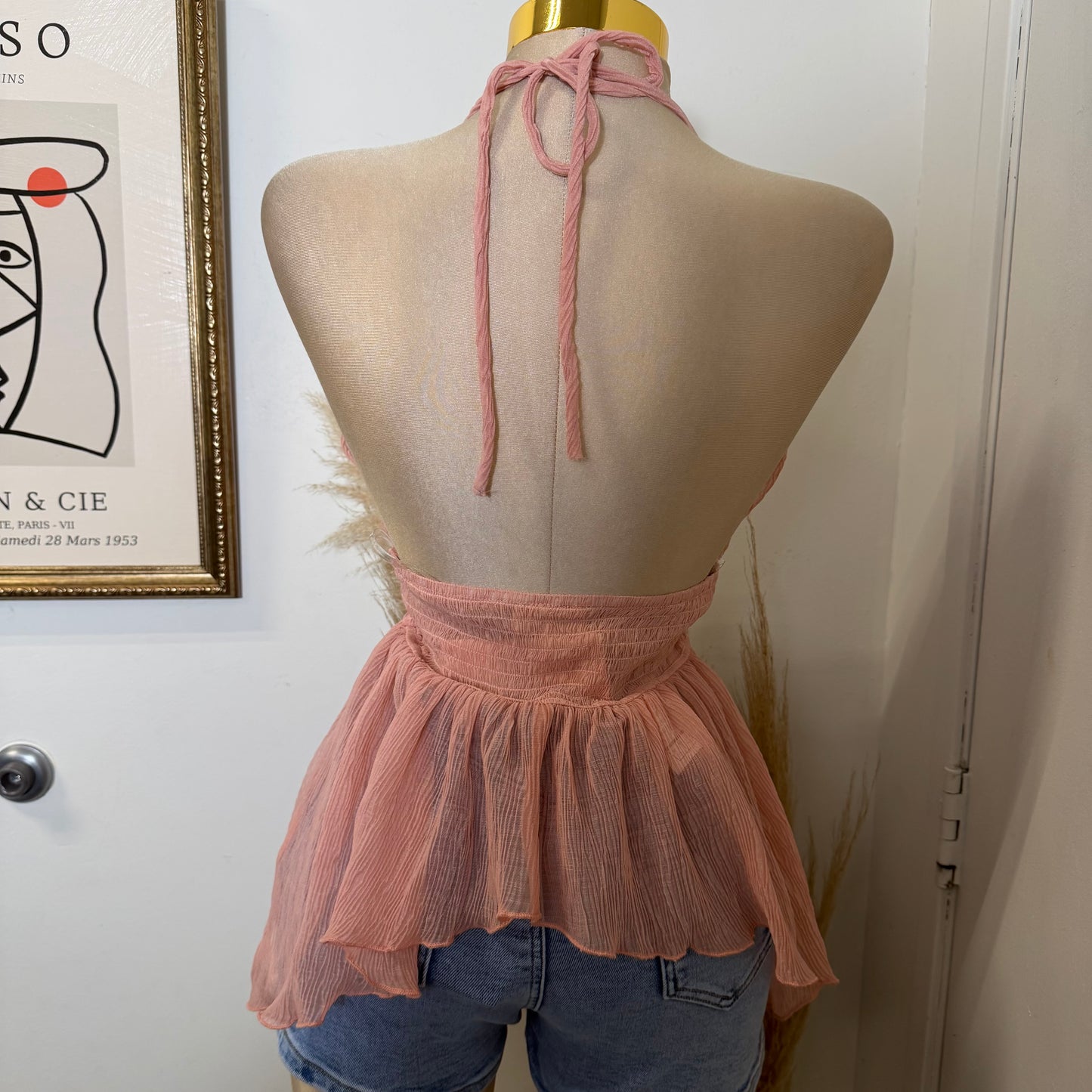 Textured Open back Top With Trim-Pink