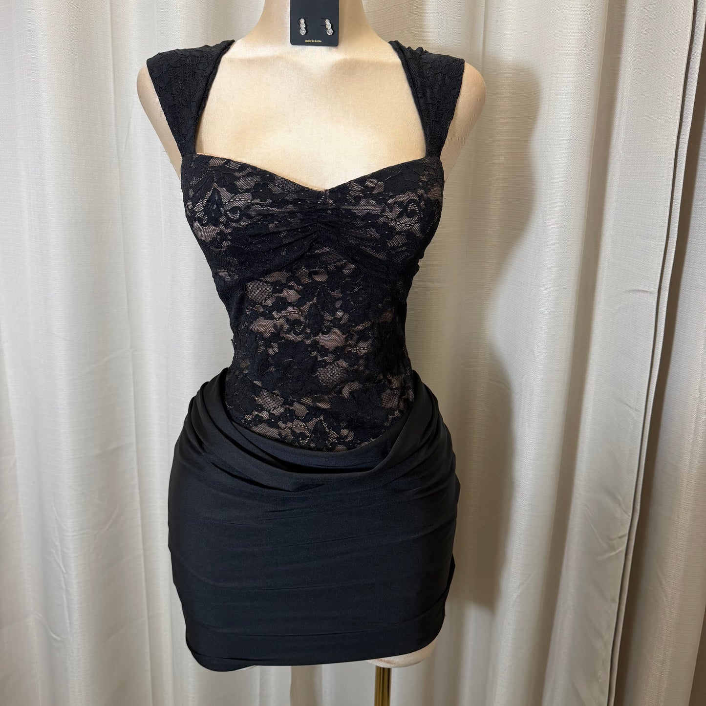 Lace off shoulder Pleated Drape Mini Dress-Black