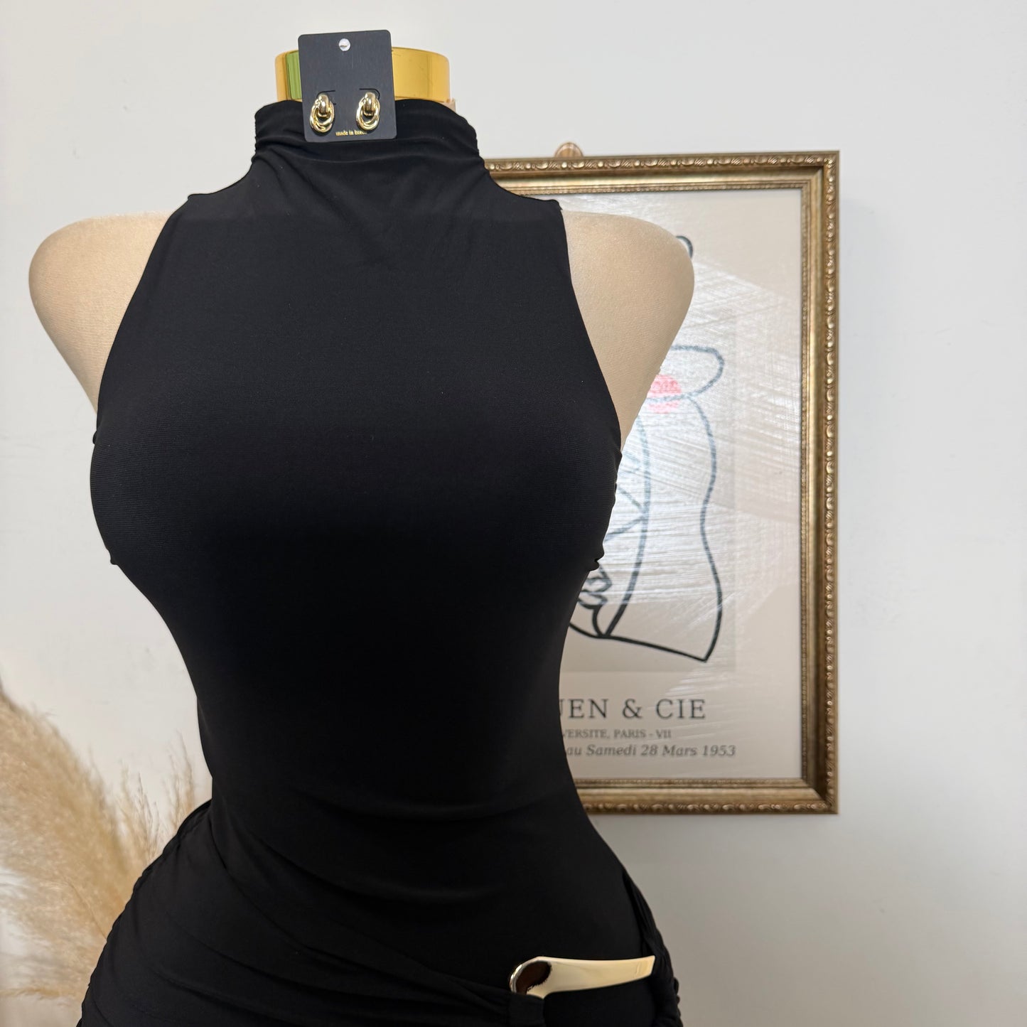 Mock Neck Front Sash With Trim Detail Mini Dress-Black (Copy)