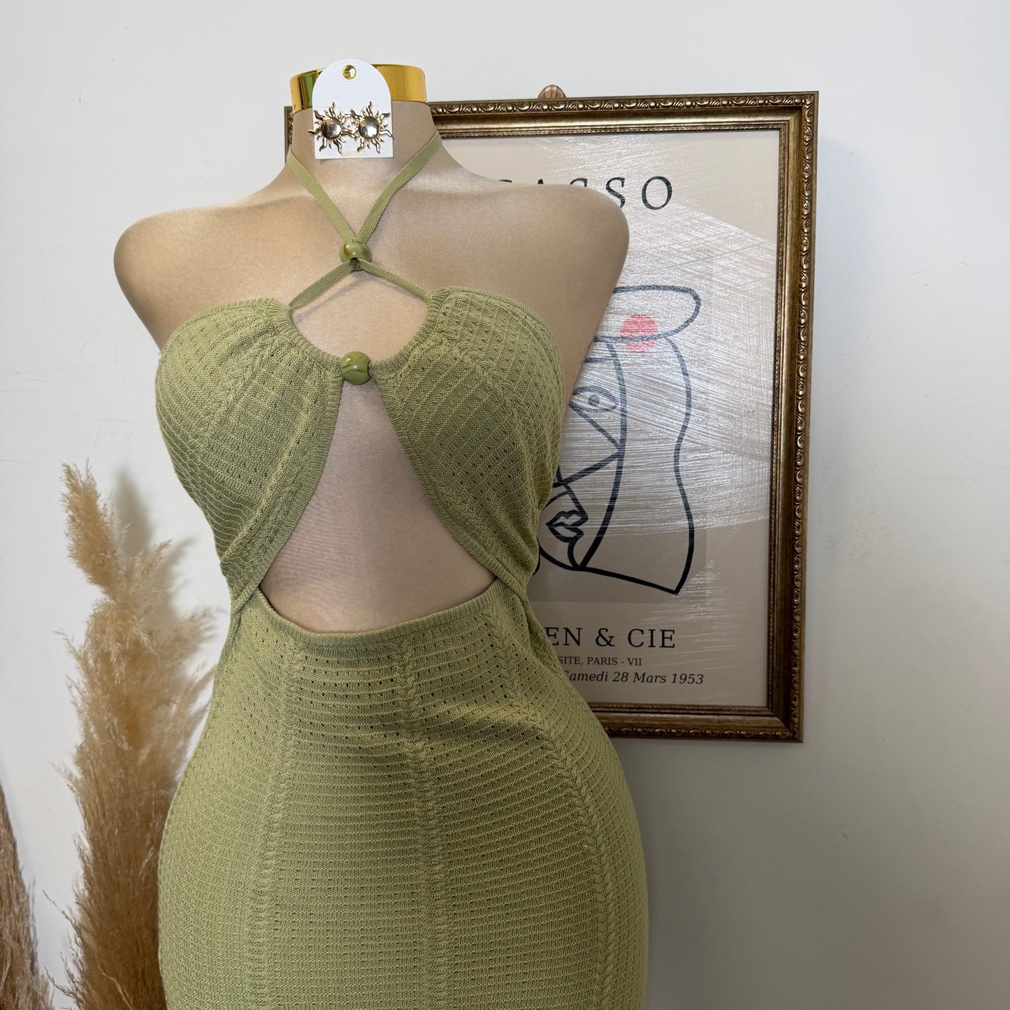 Textured Fabric Stone Trim Halter Midi Dress-Sage