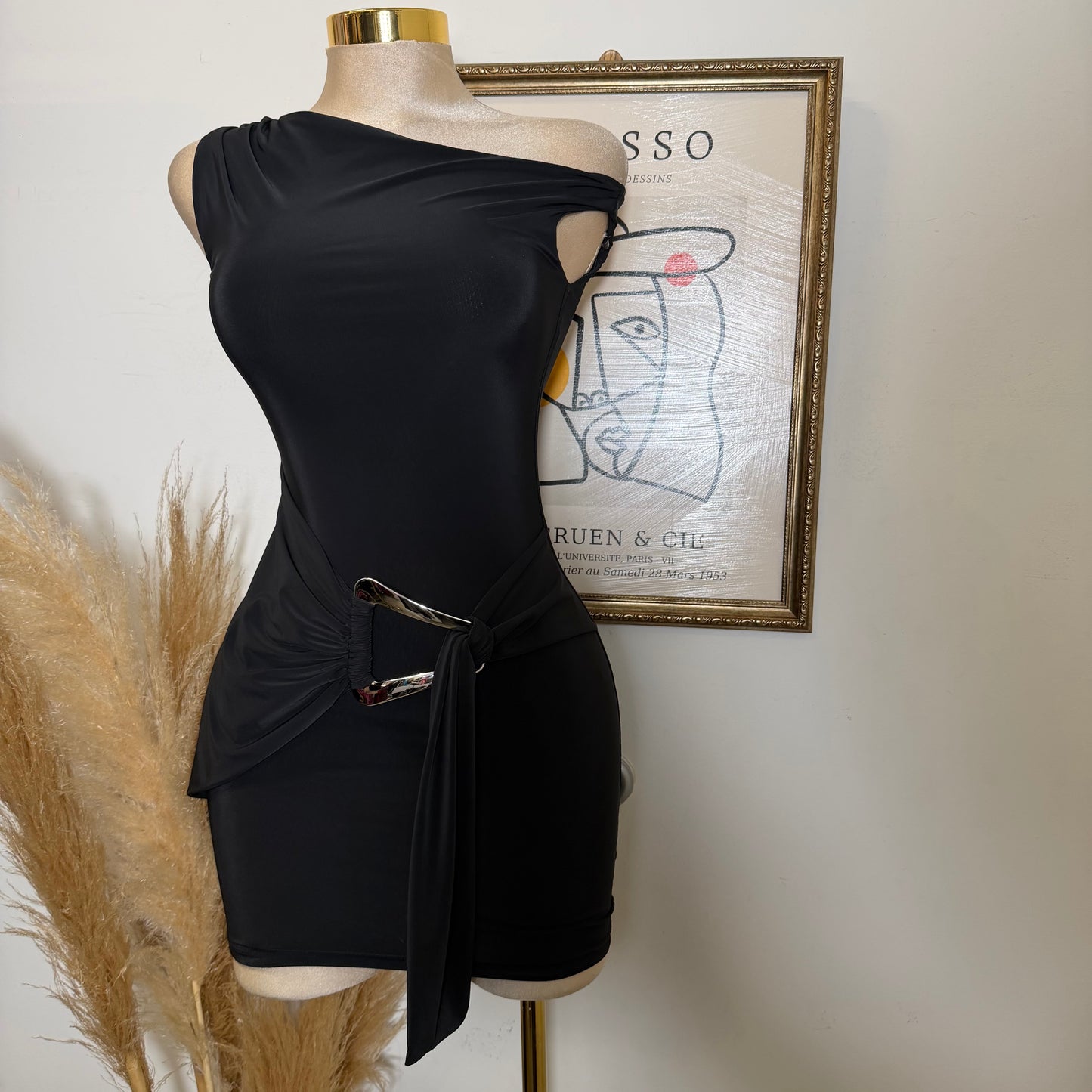 Halter Drape Trim Detail Mini Dress-Black