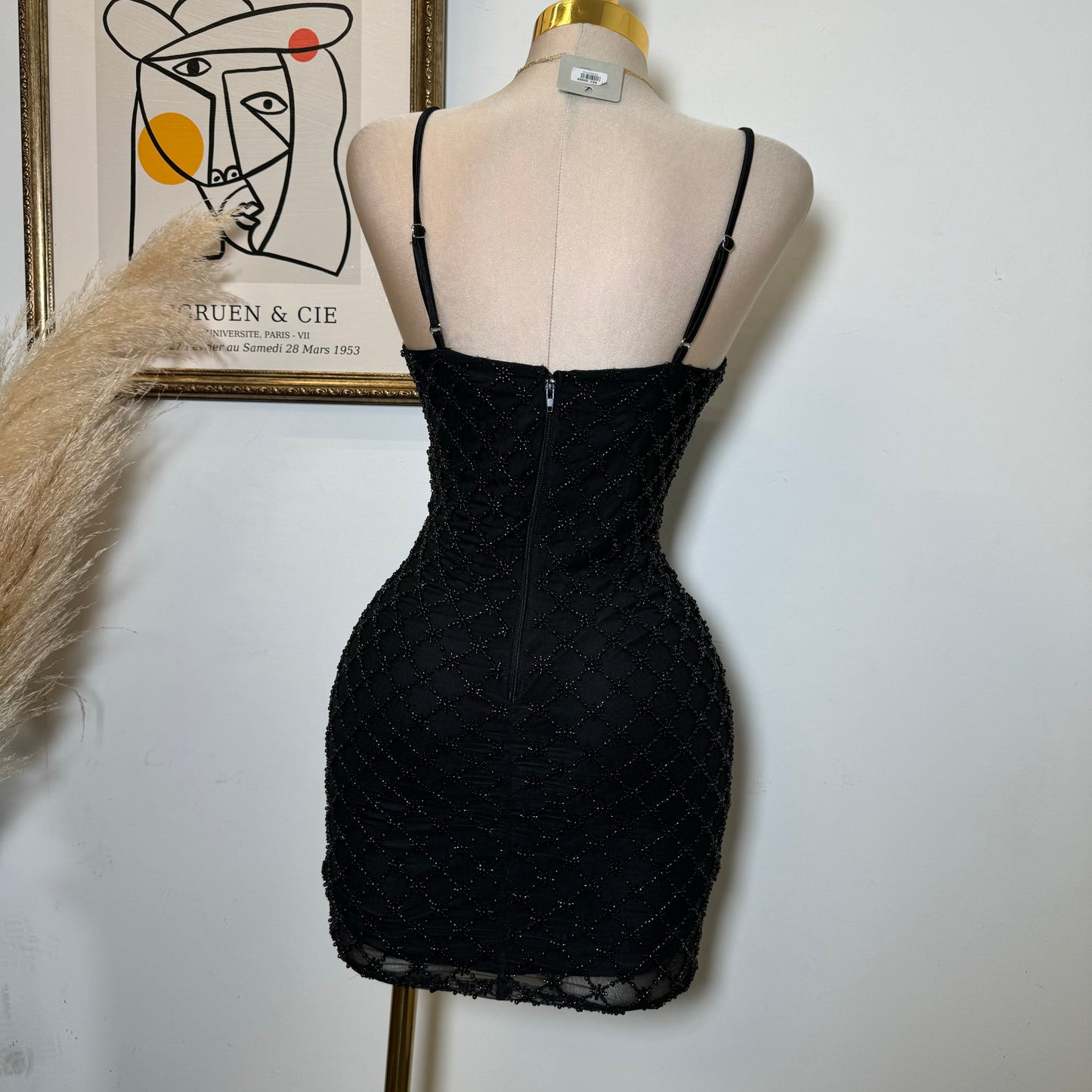 Diamond Pattern bead Dress-Black
