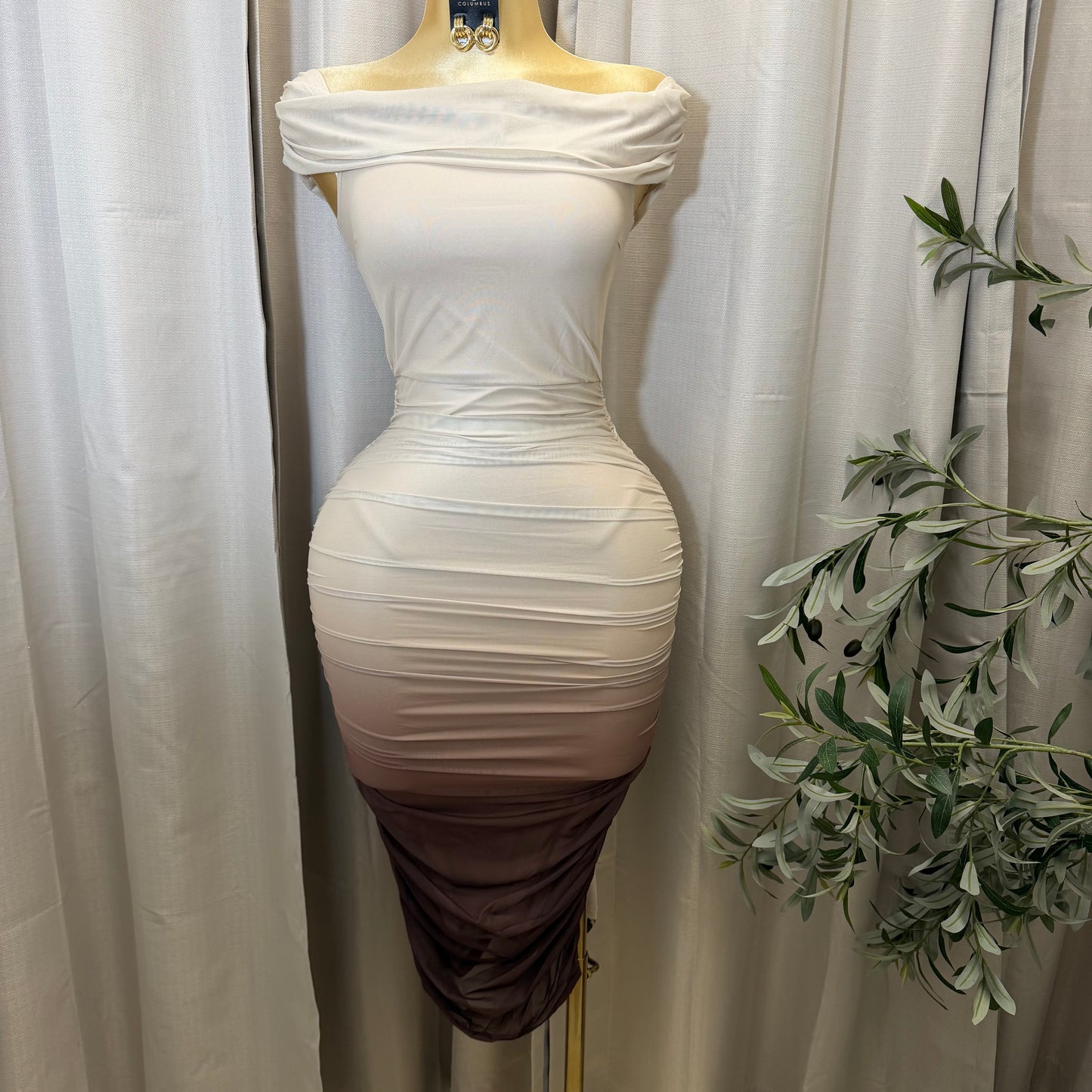 Ombre Off the Shoulder Dress-Taupe/Brown