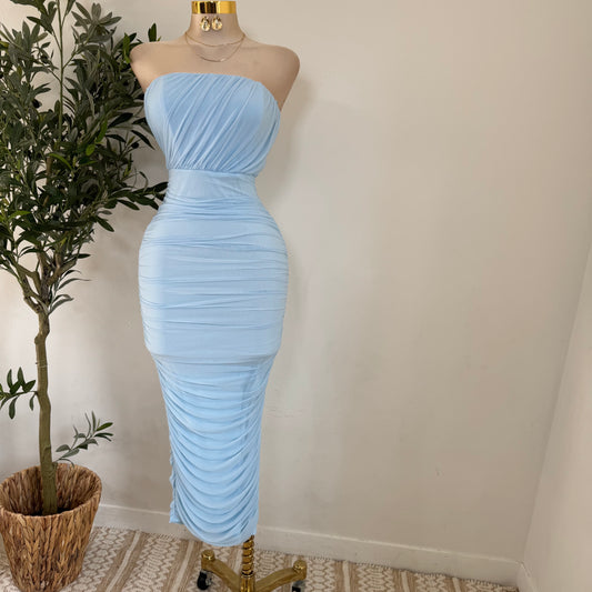 Mesh Off Shoulder Maxi Dress-Baby Blue