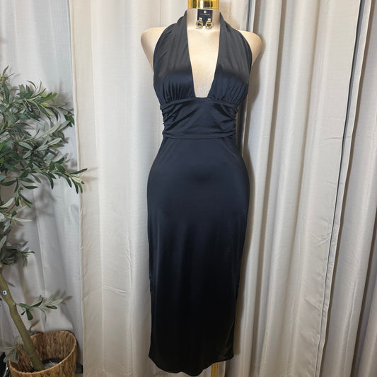 STRETCH SATIN KNIT OPEN BACK MIDI DRESS-Black