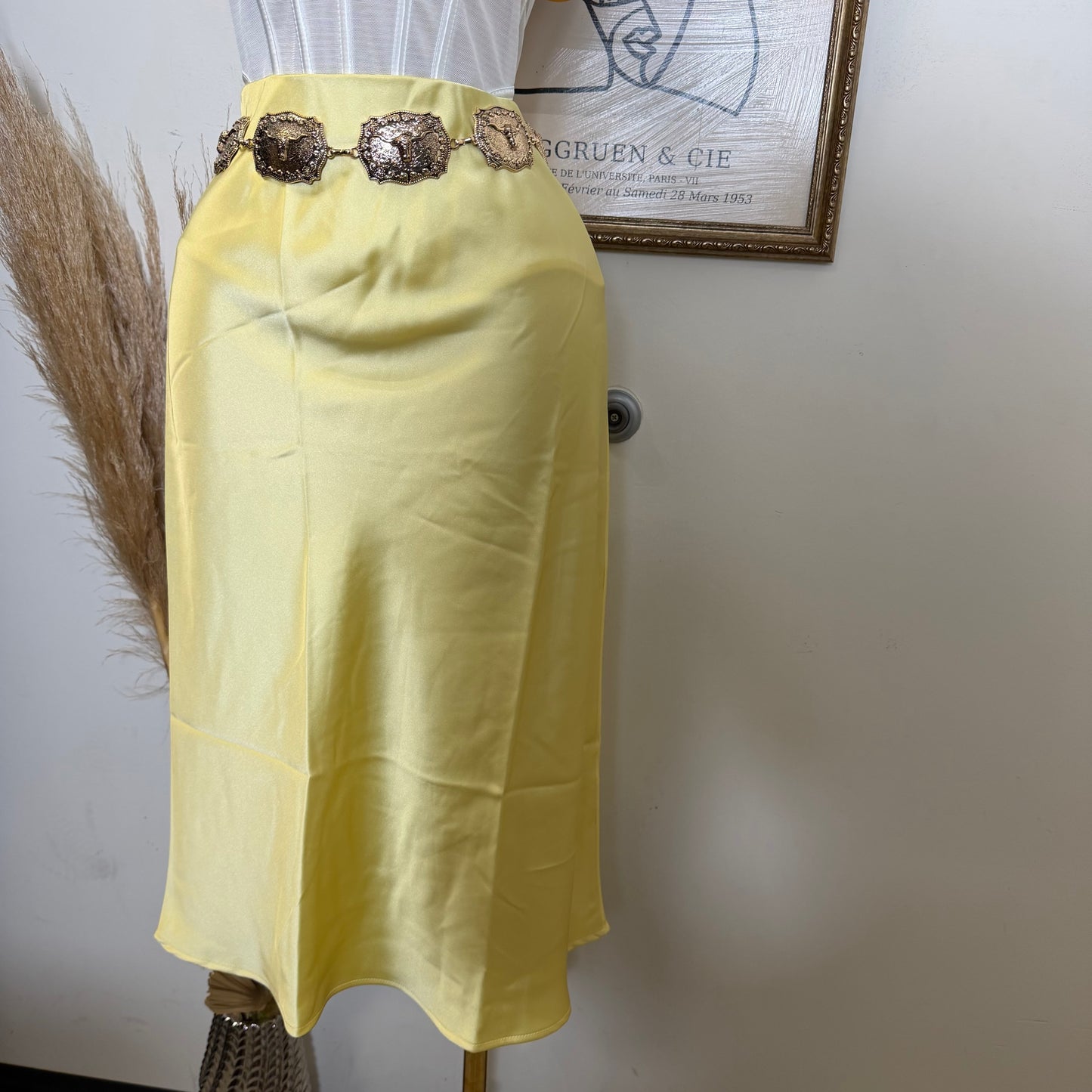 Satin Midi Skirt-Butter Yellow