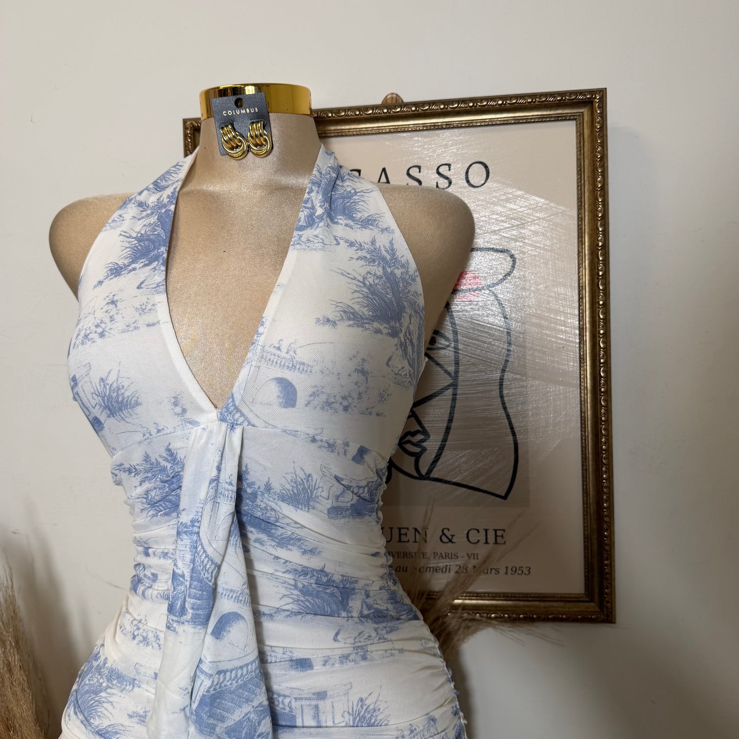 Deep plunge Halter Neck Ruched a-Line Midi Dress-Blue/White