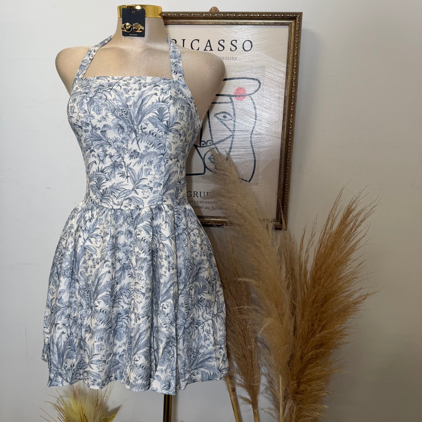 Tropical Toile Halter Mini Dress-Beige/Navy