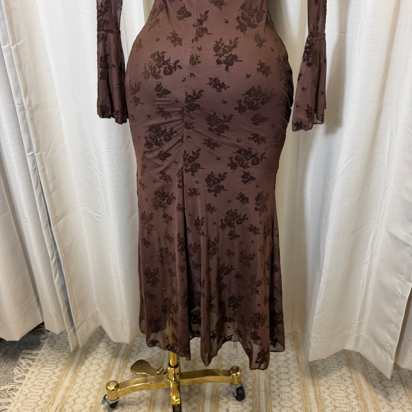 Flocked Long Sleeve Mesh off shoulder maxi Dress-Brown